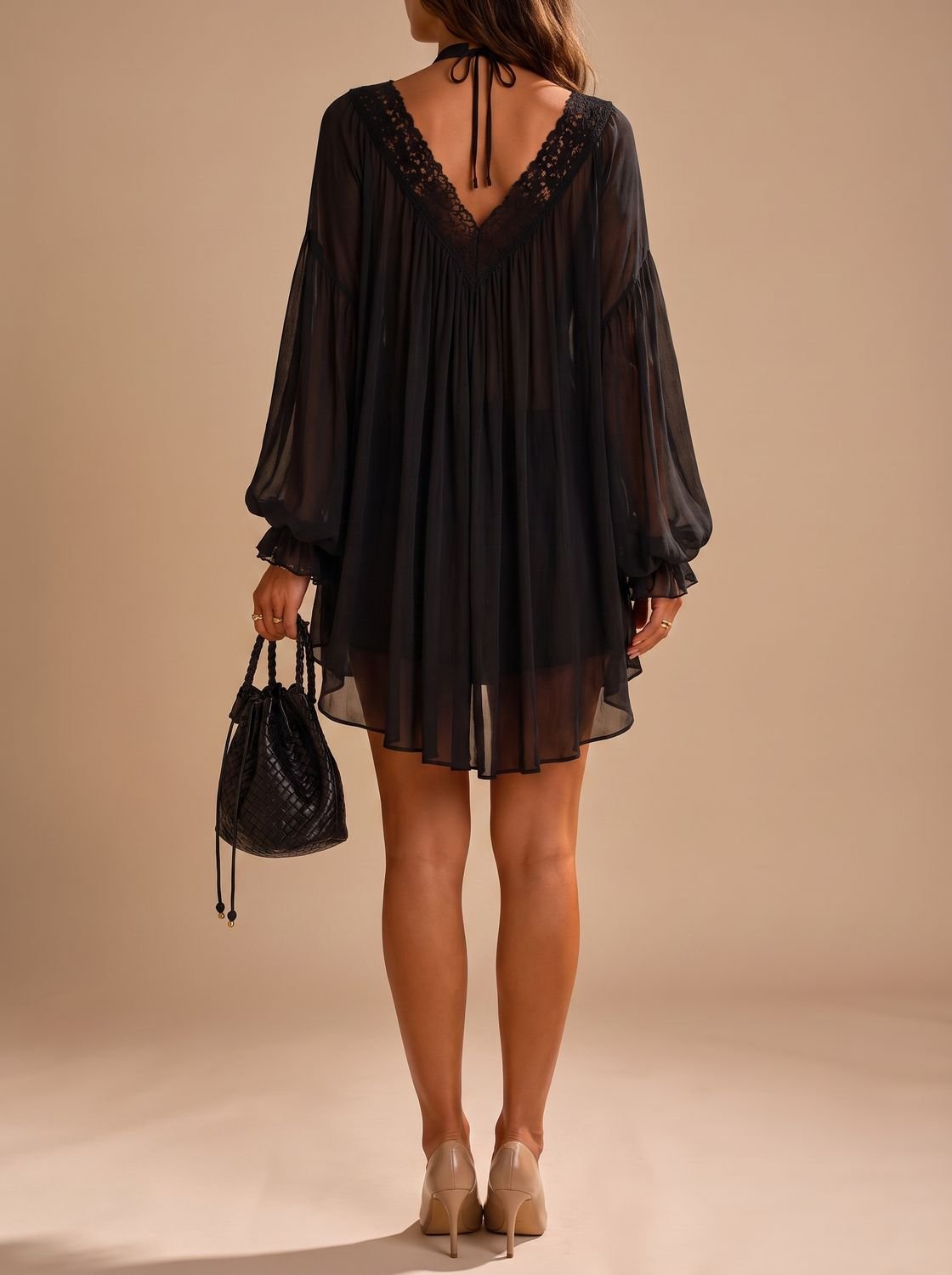 Charlotte | Women's Boho Lace-Trim Deep V-Neck Chiffon Mini Dress