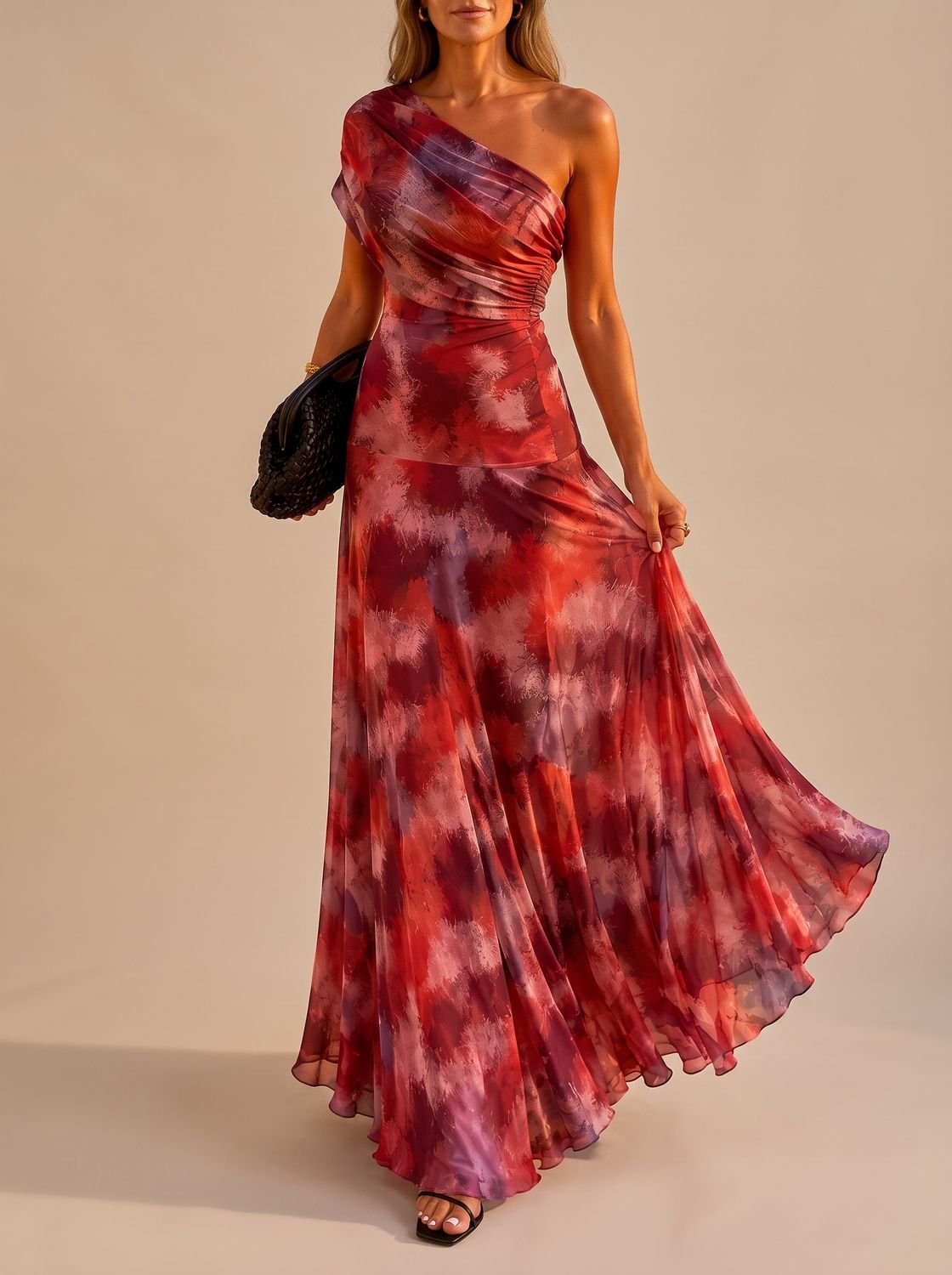Amelia | Women's Boho One-Shoulder Ruched Flowy Maxi Dress