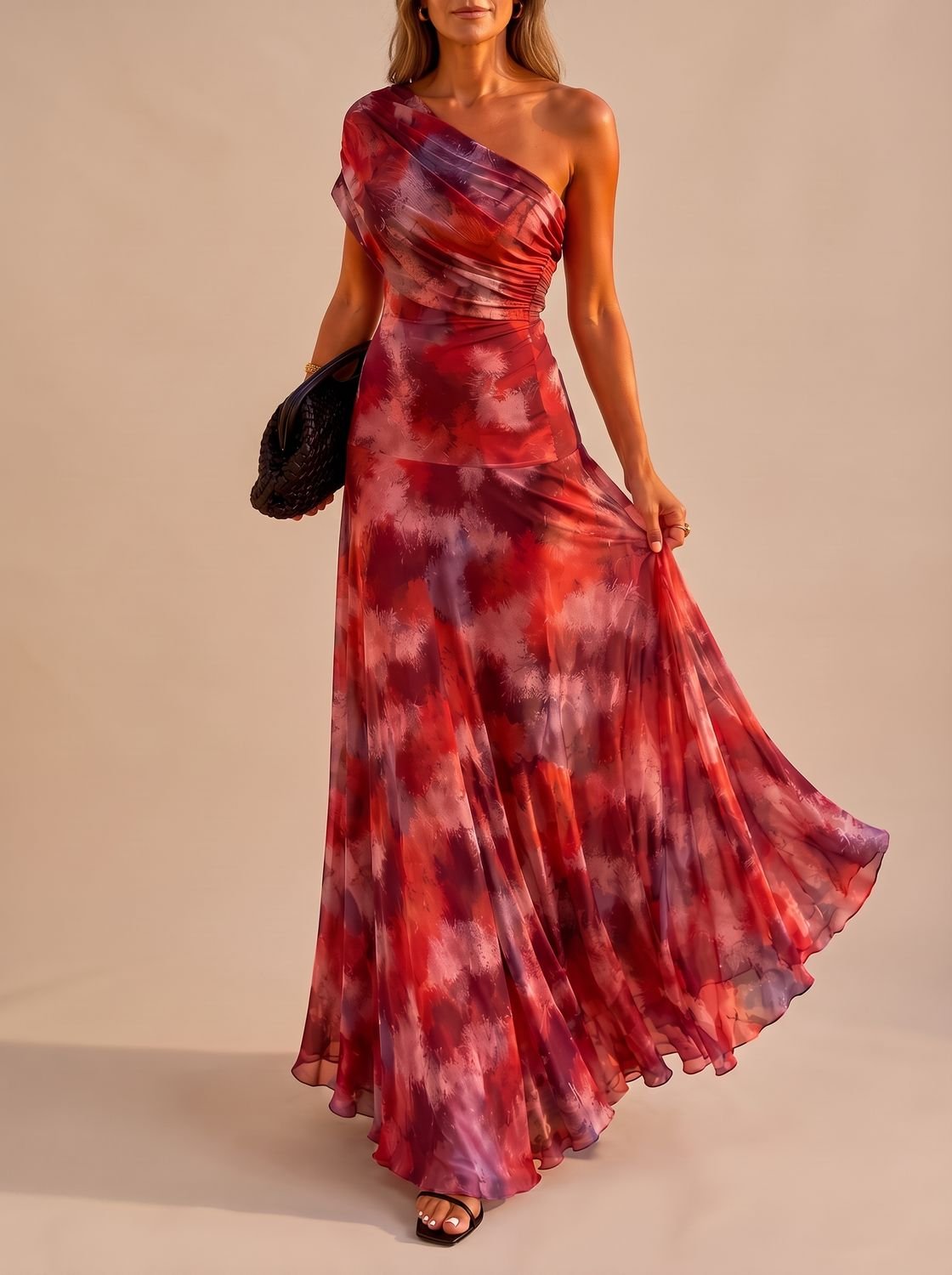 Amelia | Women's Boho One-Shoulder Ruched Flowy Maxi Dress
