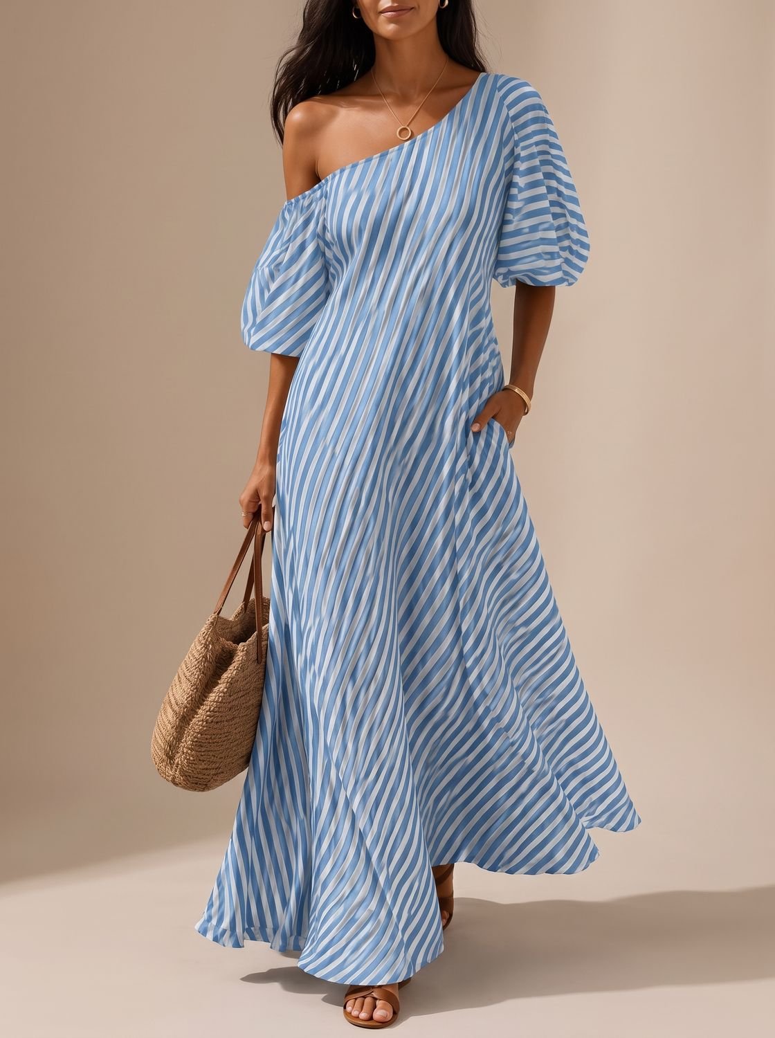 Charlotte | Women's Boho One-Shoulder Striped Flowy Maxi Dress