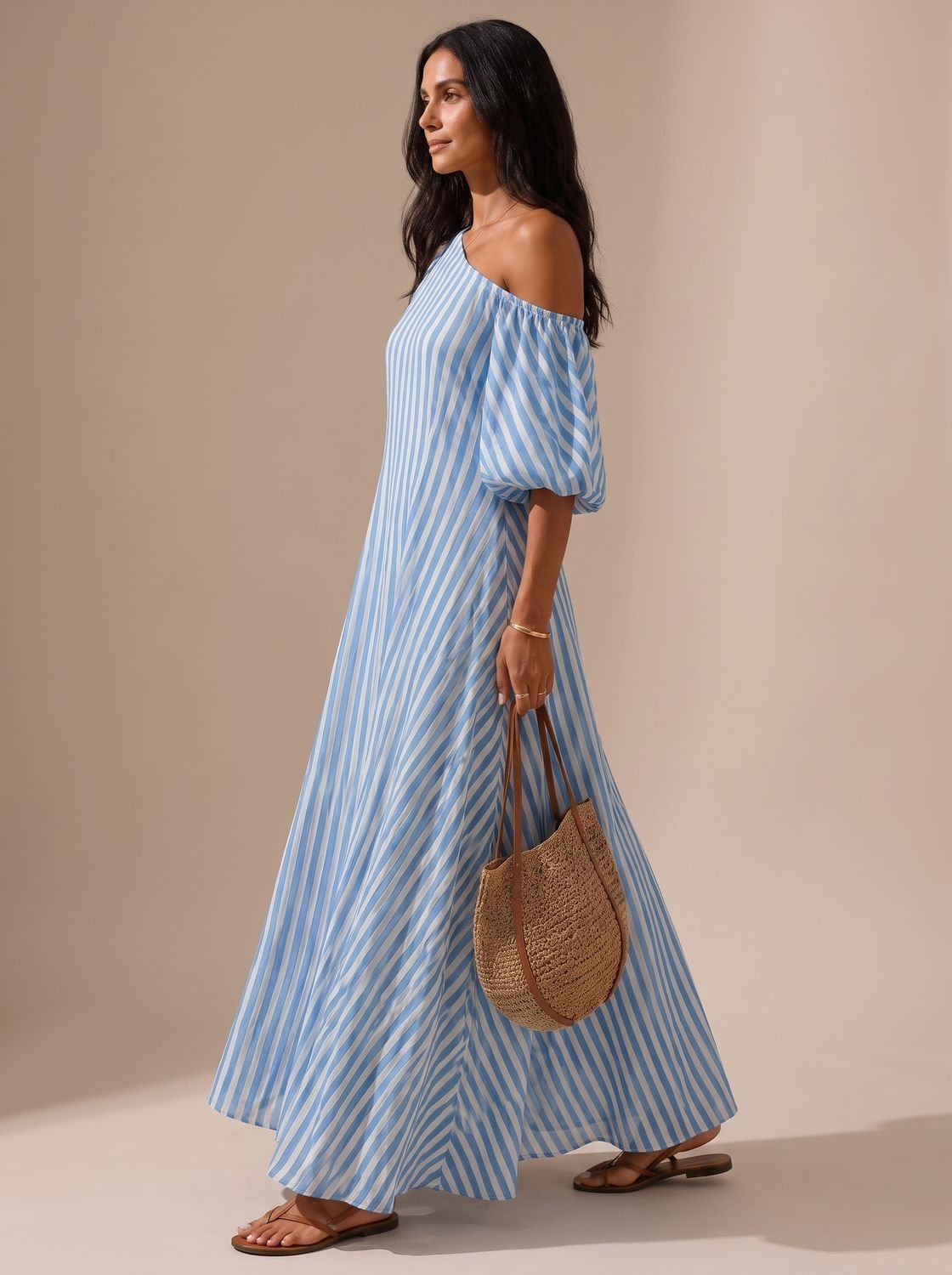Charlotte | Women's Boho One-Shoulder Striped Flowy Maxi Dress
