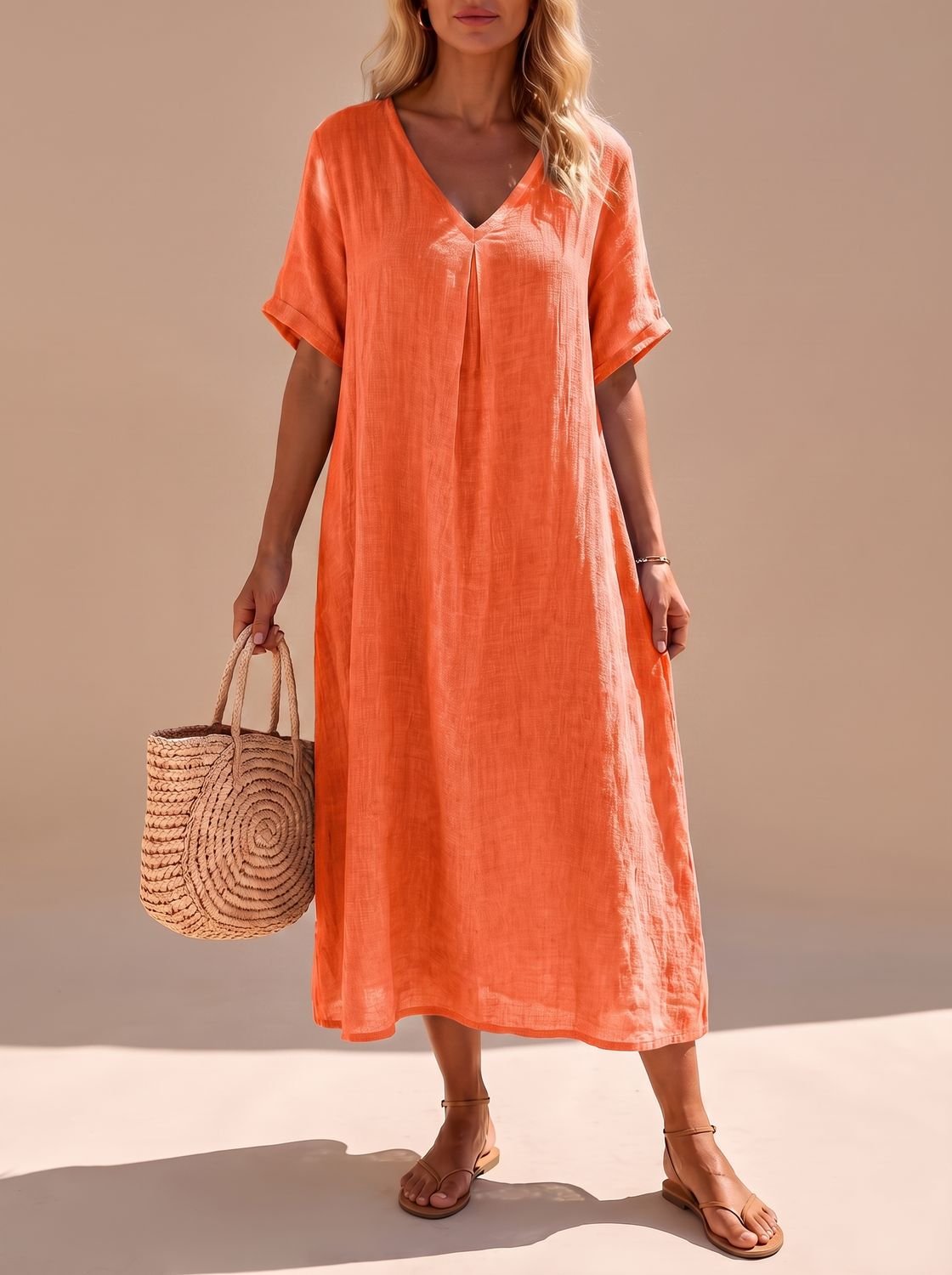 Harper | Women's Boho V-Neck Short-Sleeve Flowy Linen Maxi Dress