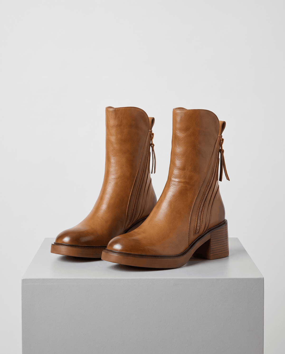 Block Heel Leather Ankle Boots – Side Zip & Cushioned Interior | Odette