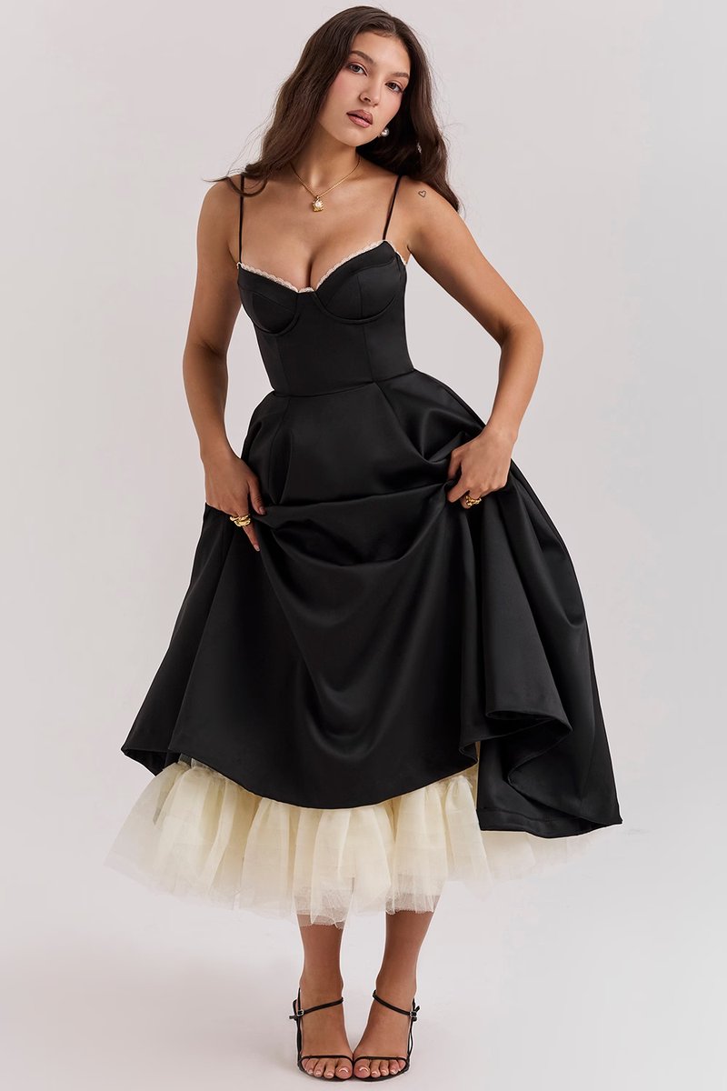 Harper | Women's Bustier Midi Satin Flared Cocktail Party Dress