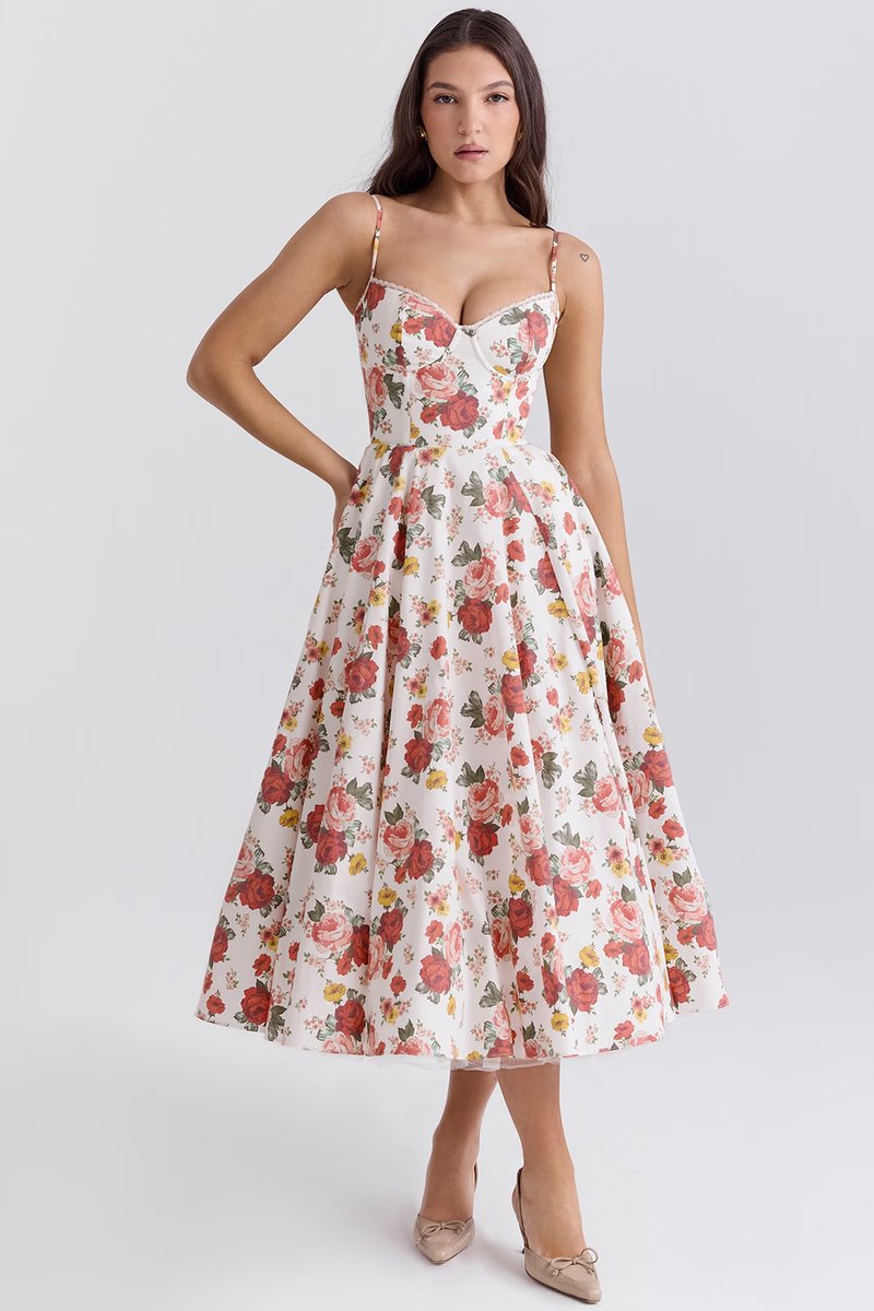 Harper | Women's Bustier Midi Satin Flared Cocktail Party Dress