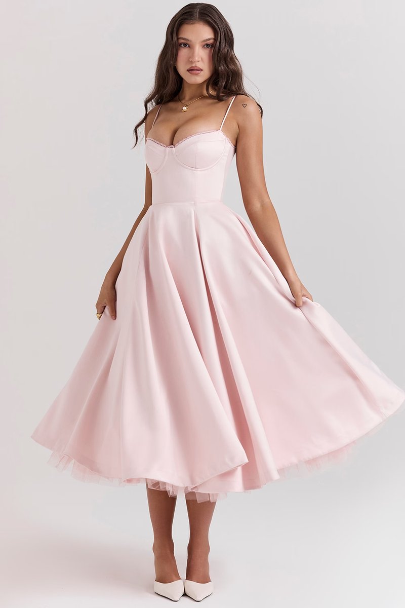 Harper | Women's Bustier Midi Satin Flared Cocktail Party Dress