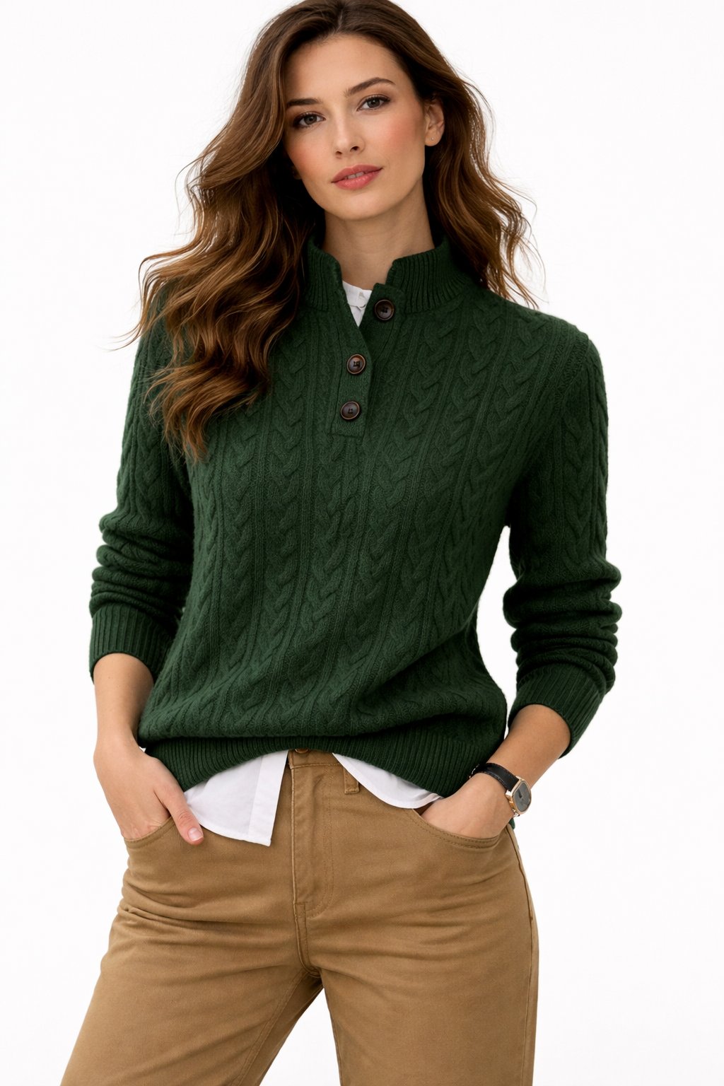 Octavia | Wool-Blend Cable Knit Button Collar Sweater