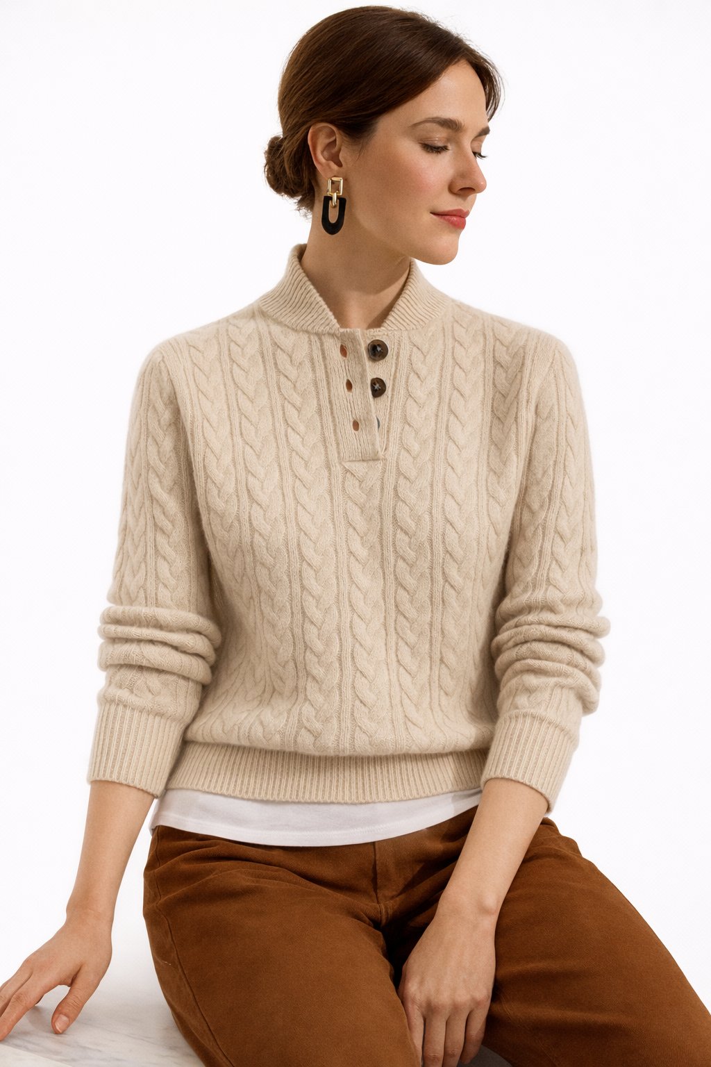 Octavia | Wool-Blend Cable Knit Button Collar Sweater