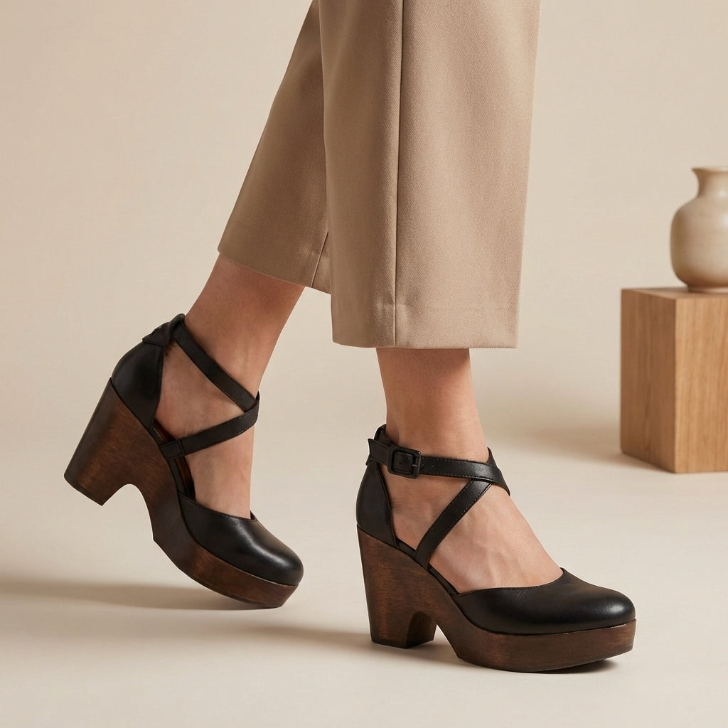 Women's Cross-Strap Platform Heels Block Heel Ankle Buckle