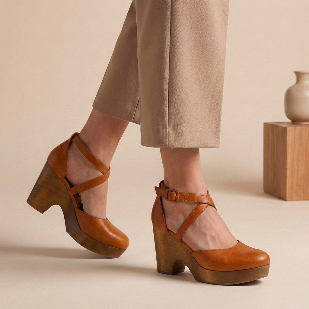 Women's Cross-Strap Platform Heels Block Heel Ankle Buckle