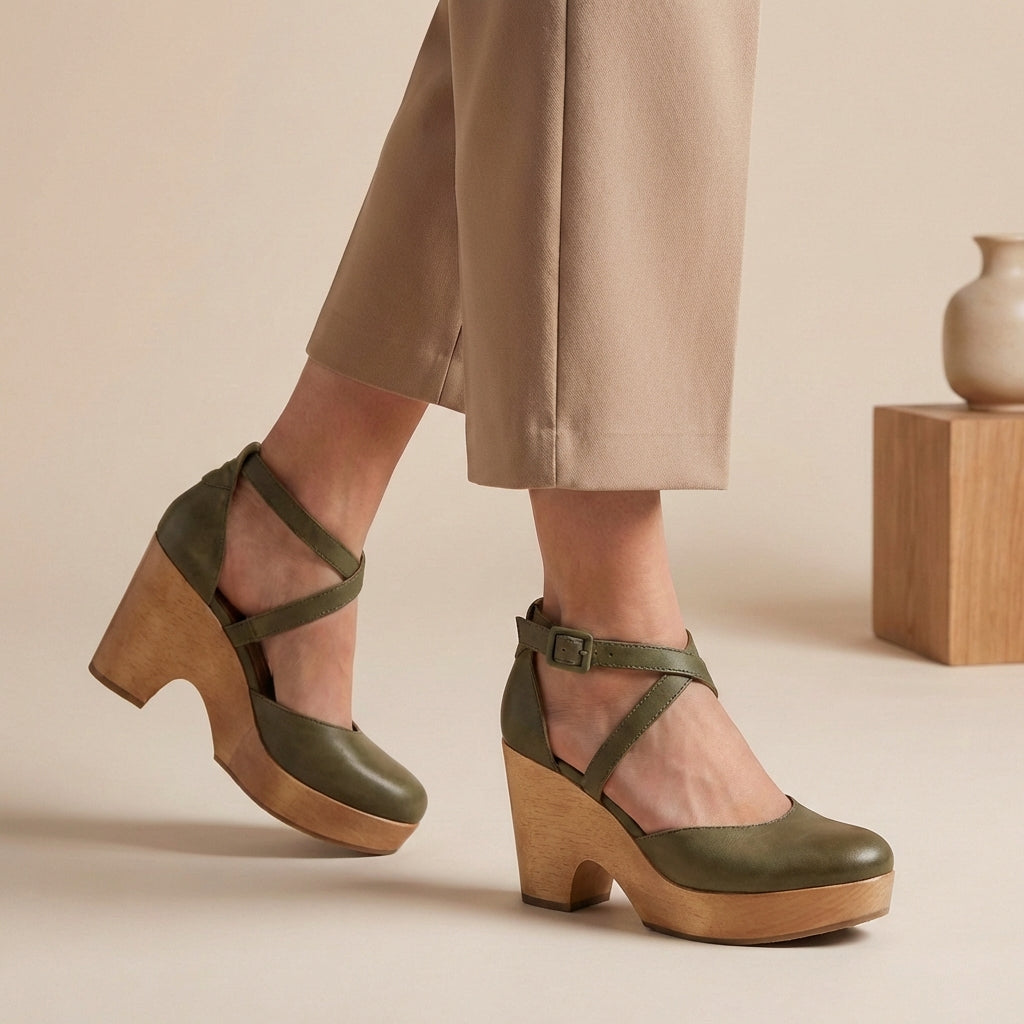 Women's Cross-Strap Platform Heels Block Heel Ankle Buckle