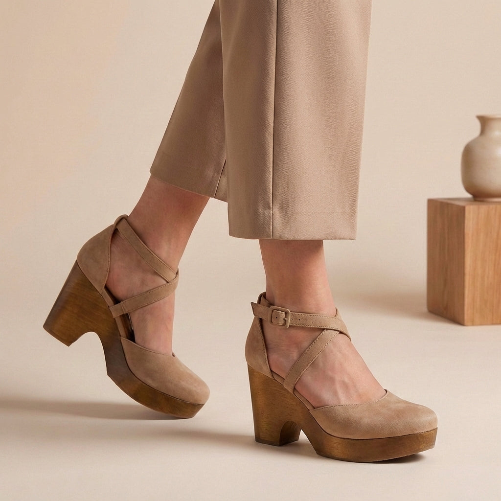 Women's Cross-Strap Platform Heels Block Heel Ankle Buckle