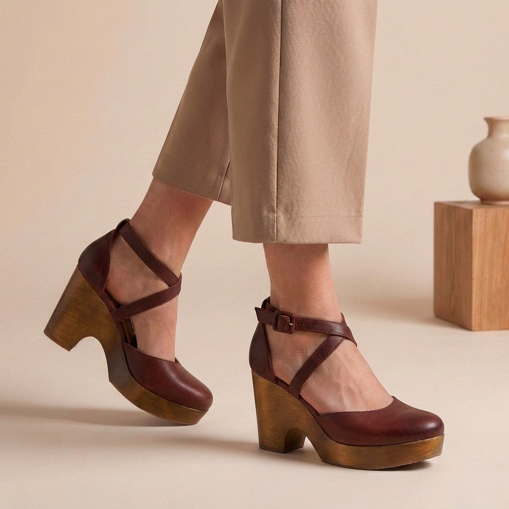 Women's Cross-Strap Platform Heels Block Heel Ankle Buckle
