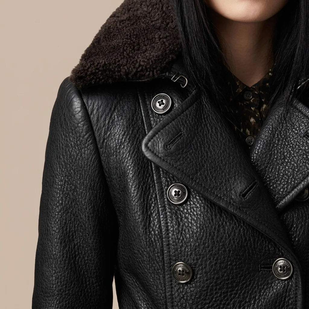 Women's Elegant Double-Breasted Leather Coat with Plush Fur Collar and Tailored Longline Fit – Classic Button Front Winter Outerwear with Textured Finish for Sophisticated Smart Casual and Evening Wear