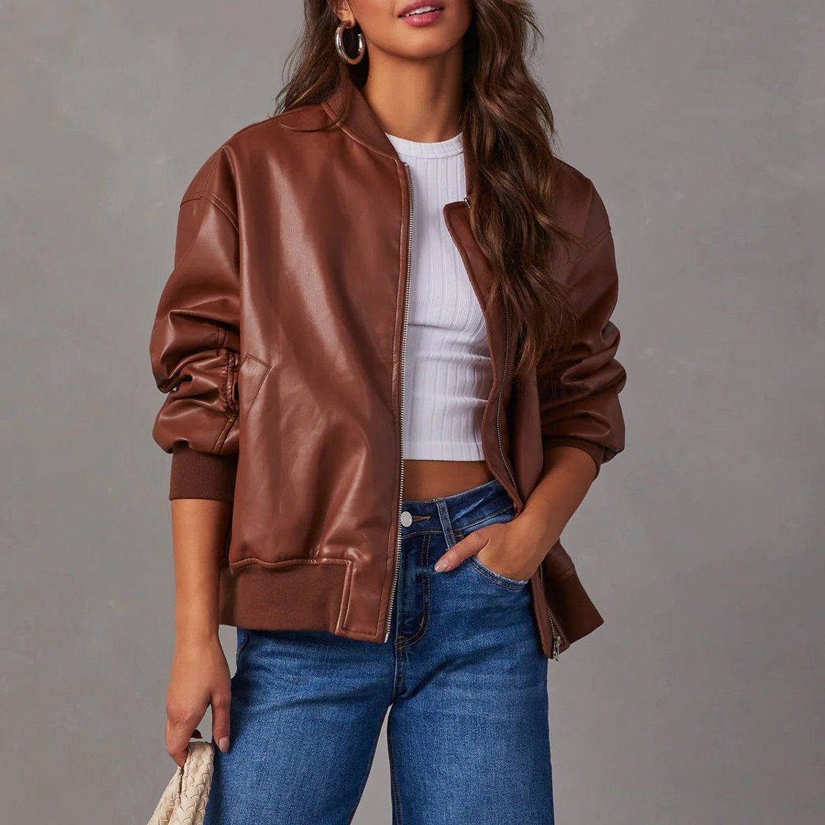 Odette | Relaxed Faux Leather Zip-Up Bomber Jacket