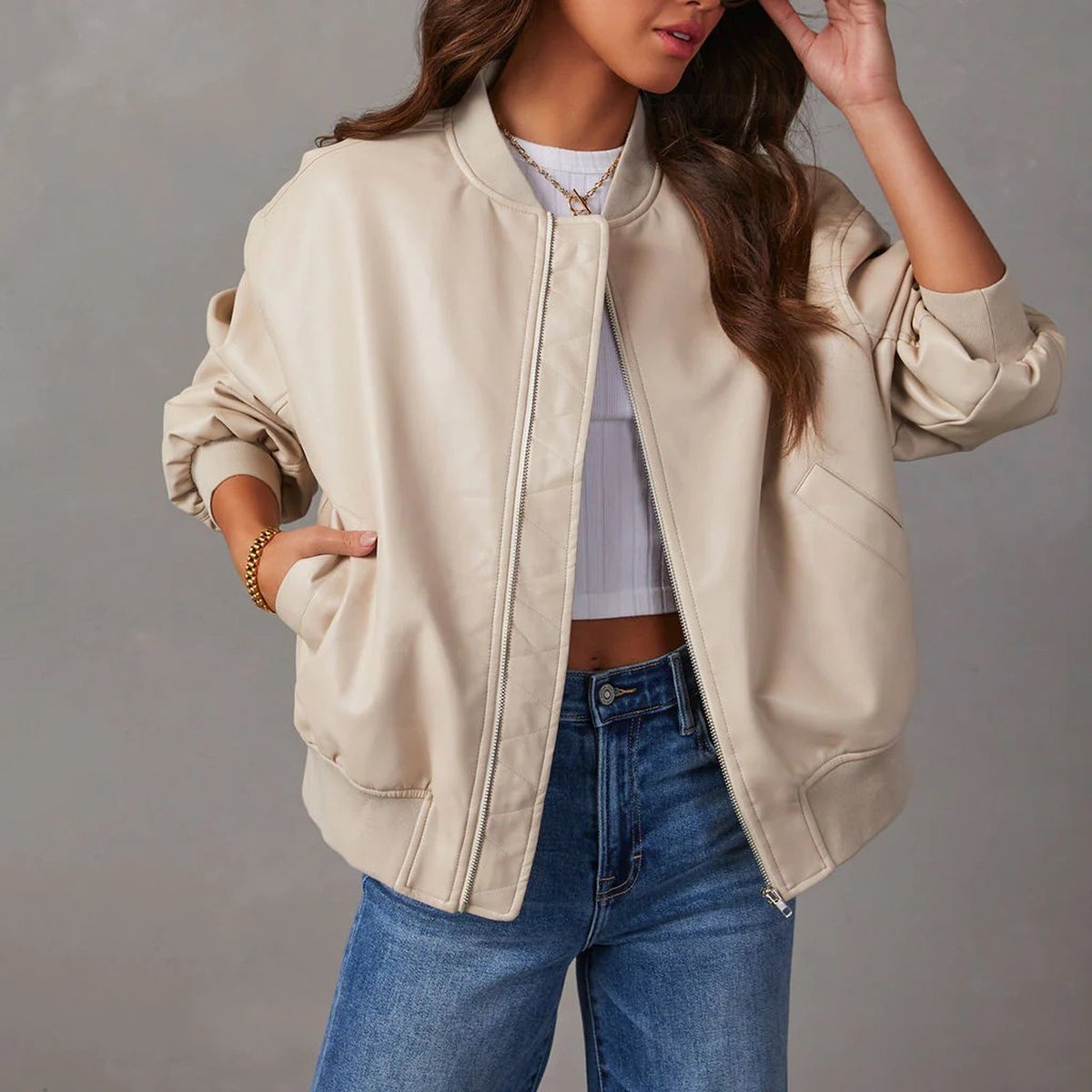 Odette | Relaxed Faux Leather Zip-Up Bomber Jacket