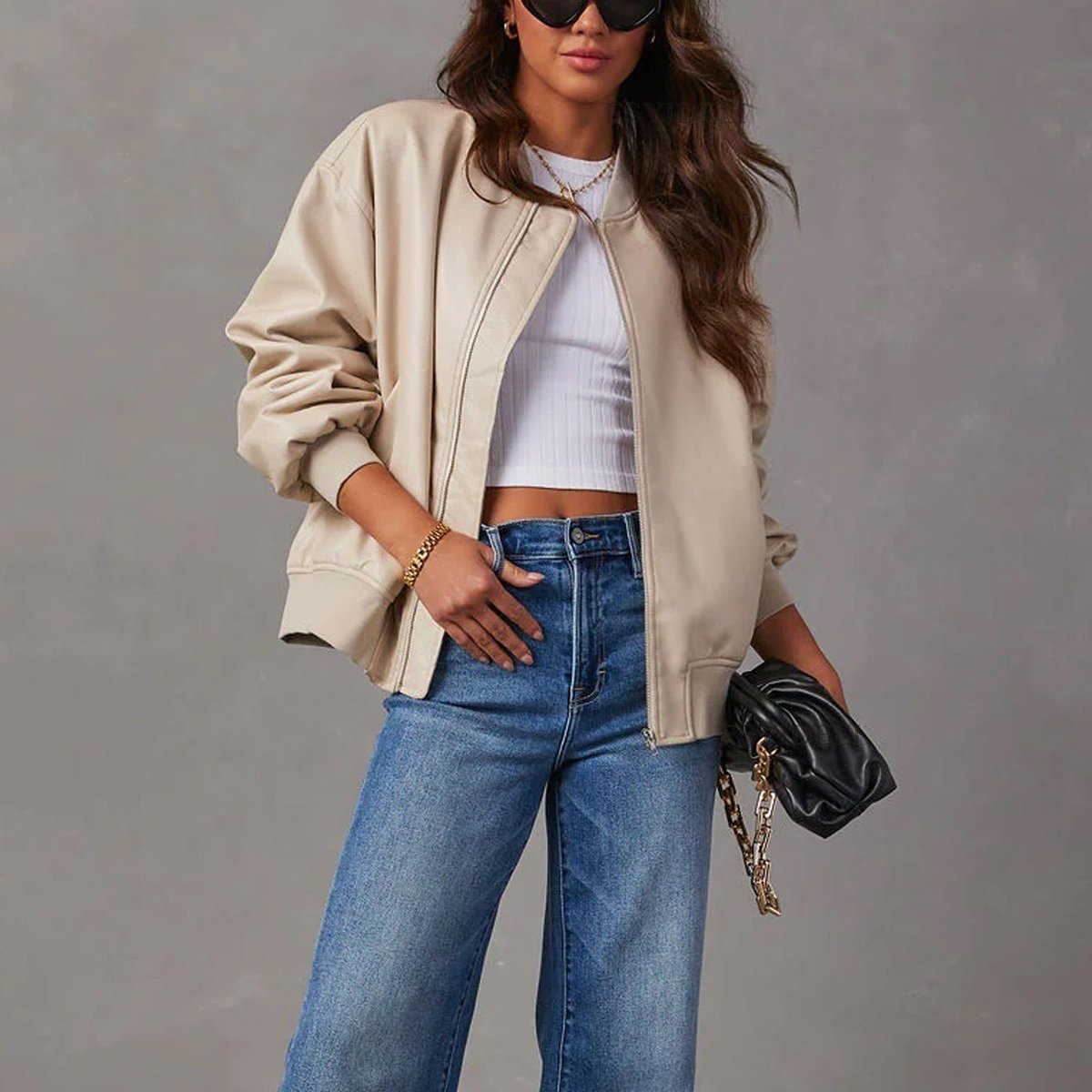 Odette | Relaxed Faux Leather Zip-Up Bomber Jacket