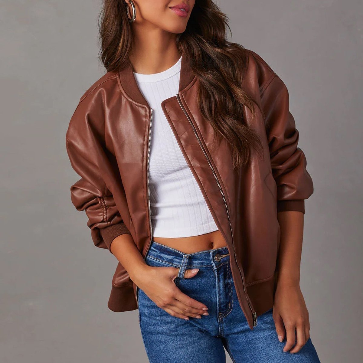 Odette | Relaxed Faux Leather Zip-Up Bomber Jacket