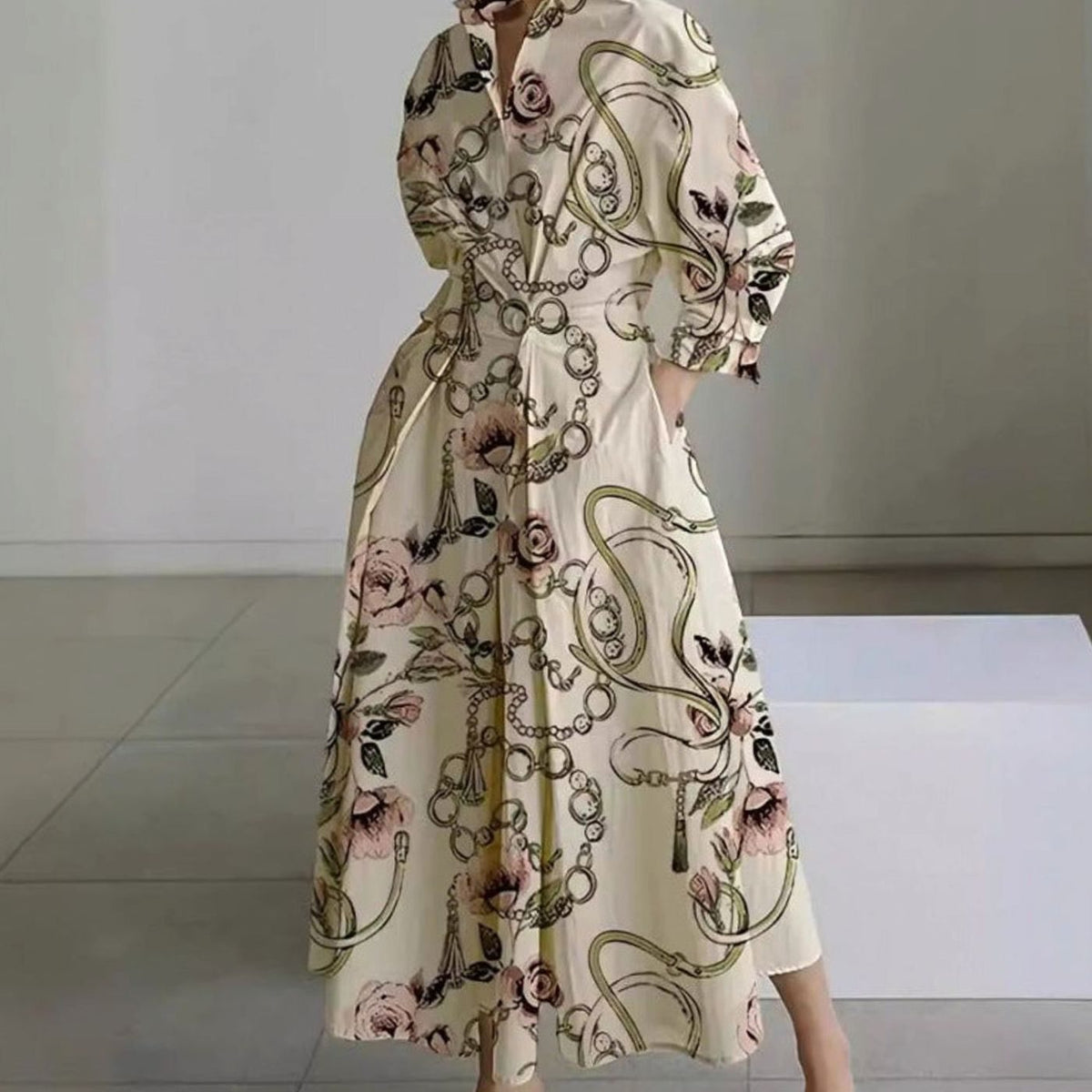 Luna | Women's Collared Maxi Shirt Dress Newspaper Print Wrap Front