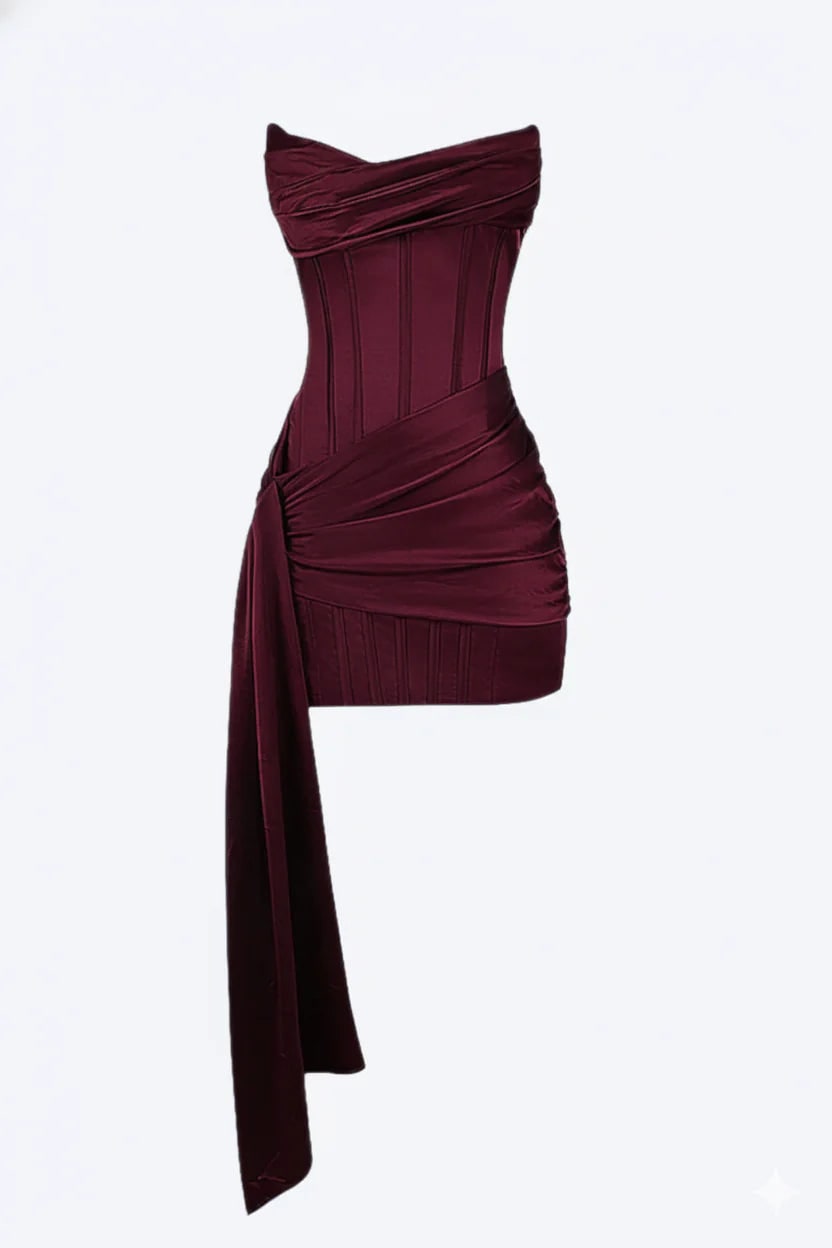 Women's Corset Mini Satin Dress Strapless with Asymmetric Side Train