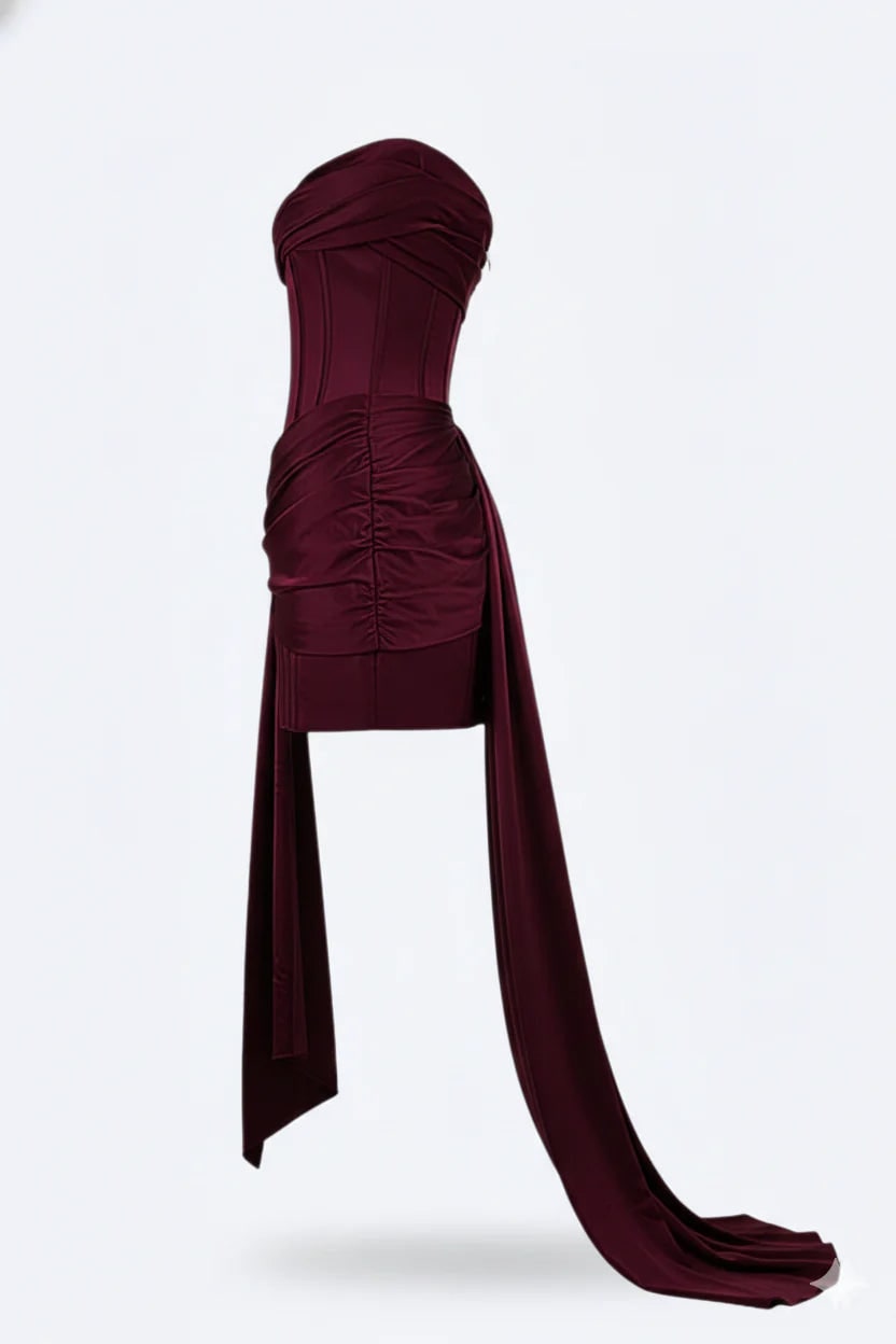 Women's Corset Mini Satin Dress Strapless with Asymmetric Side Train