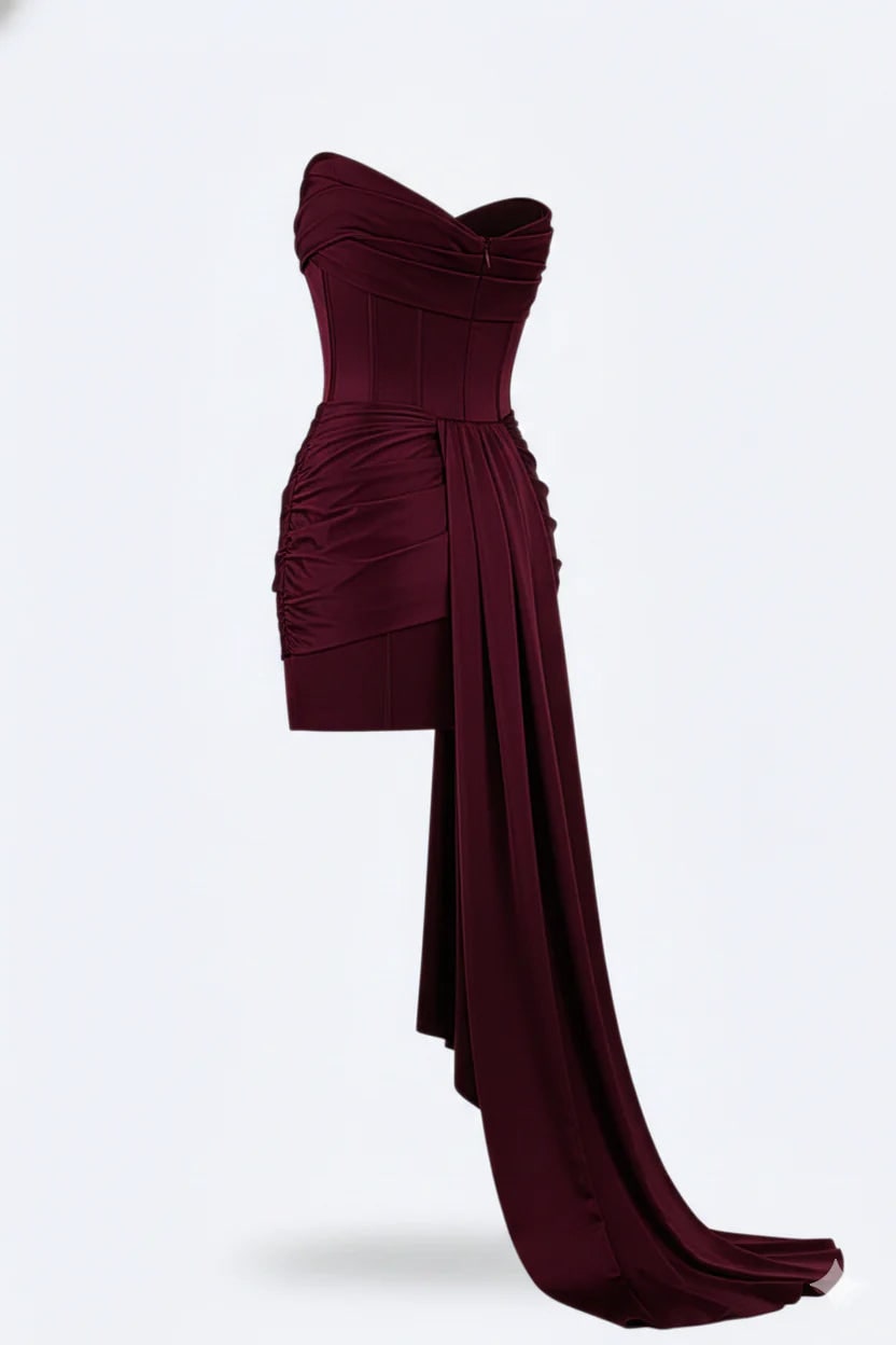 Women's Corset Mini Satin Dress Strapless with Asymmetric Side Train
