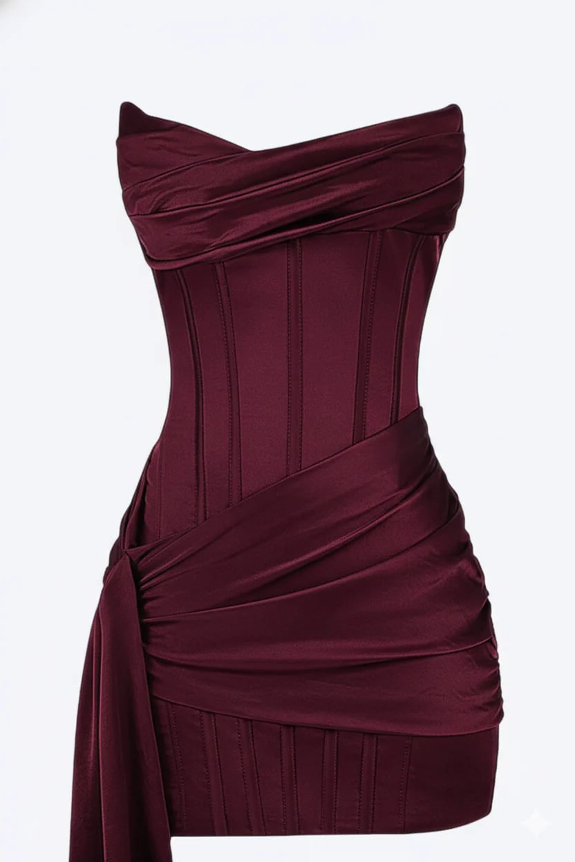 Women's Corset Mini Satin Dress Strapless with Asymmetric Side Train