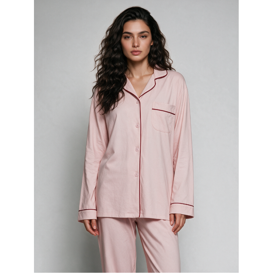 Women's Cotton Pajama Set with Long Sleeves Notched Collar and Button Front