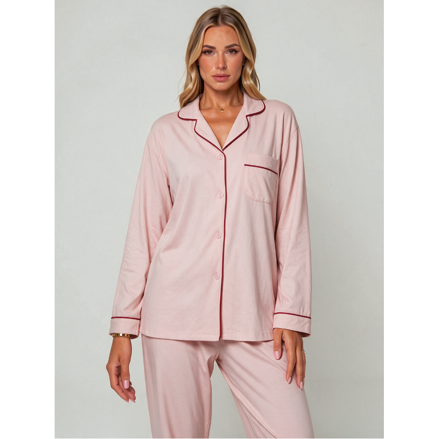Women's Cotton Pajama Set with Long Sleeves Notched Collar and Button Front