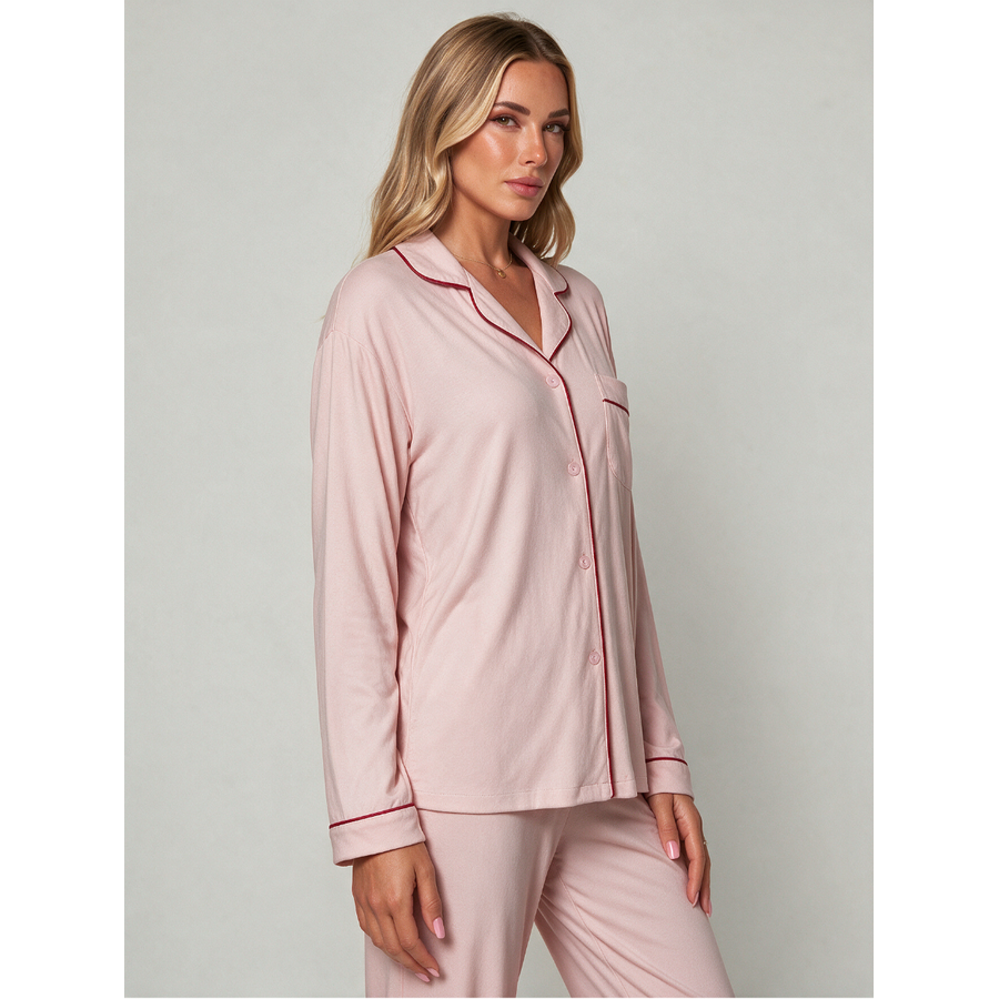 Women's Cotton Pajama Set with Long Sleeves Notched Collar and Button Front