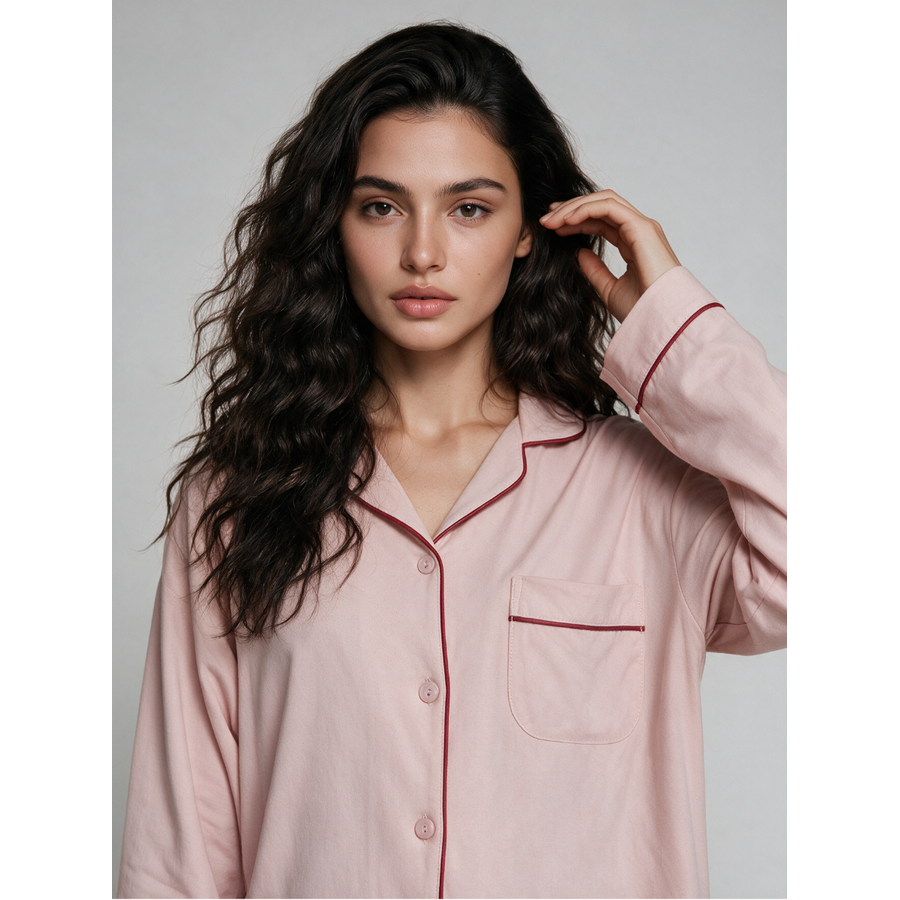 Women's Cotton Pajama Set with Long Sleeves Notched Collar and Button Front