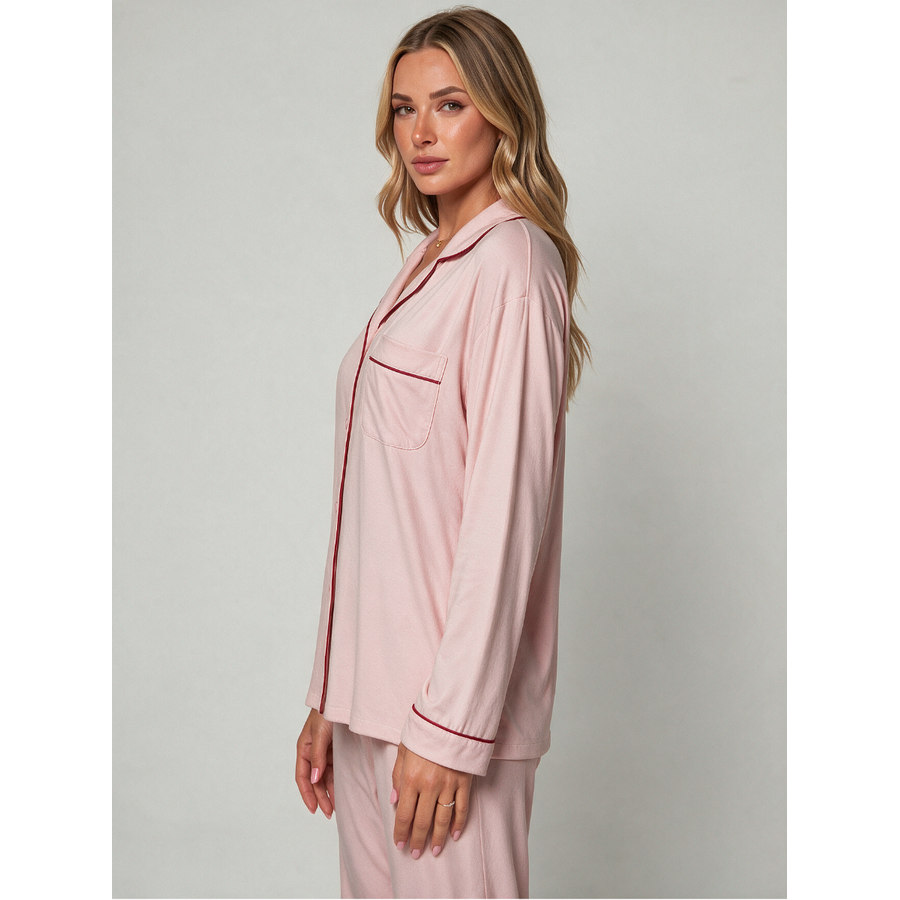 Women's Cotton Pajama Set with Long Sleeves Notched Collar and Button Front