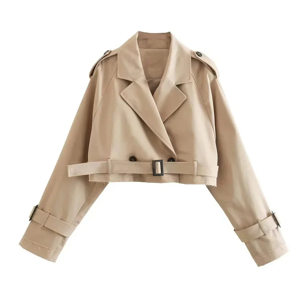 Women's Cropped Trench Jacket Double Breasted with Belted Waist and Raw Hem