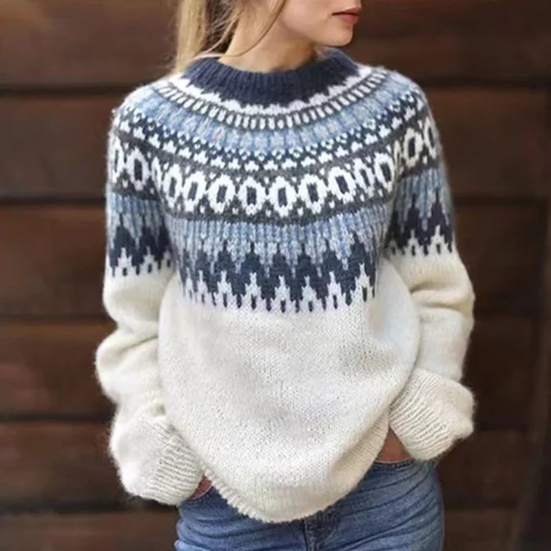 Women's Fair Isle Sweater with Crew Neck and Chunky Knit Geometric Pattern