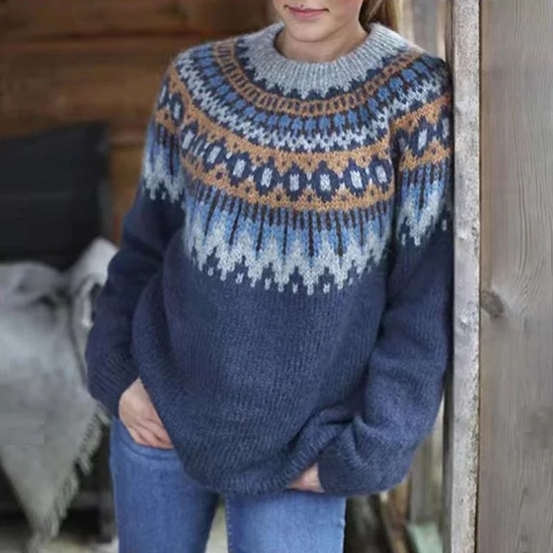 Women's Fair Isle Sweater with Crew Neck and Chunky Knit Geometric Pattern