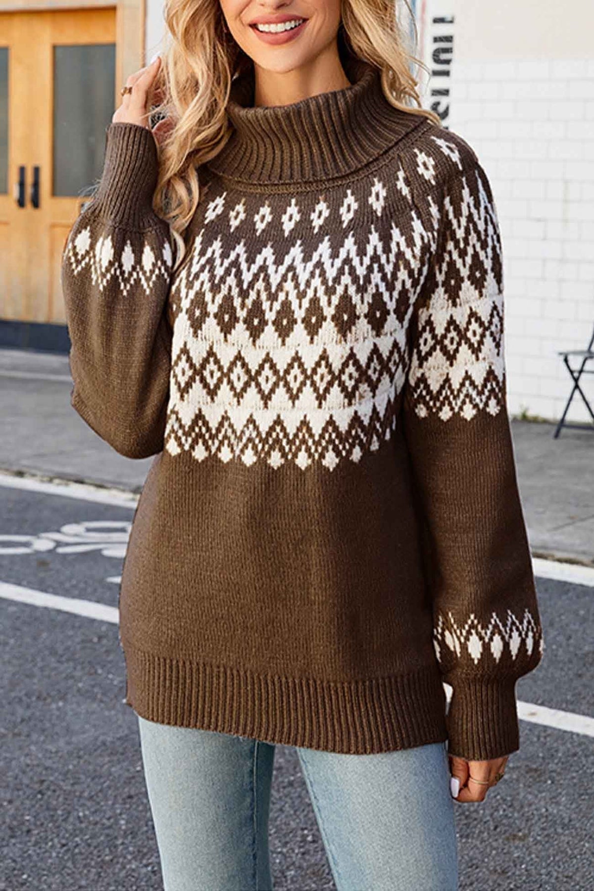 Women's Fair Isle Turtleneck Knit Sweater with Geometric Pattern and Relaxed Fit