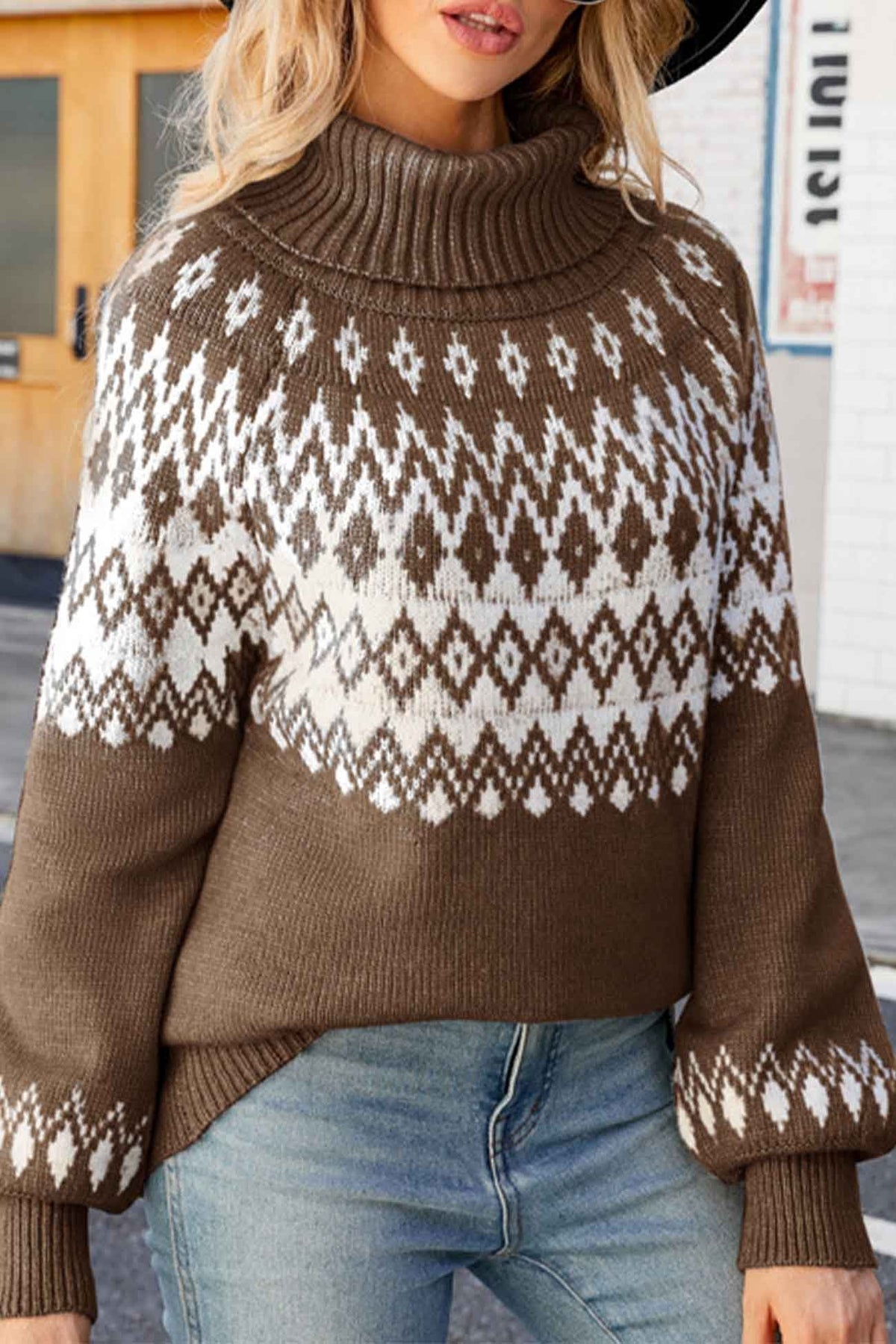 Women's Fair Isle Turtleneck Knit Sweater with Geometric Pattern and Relaxed Fit