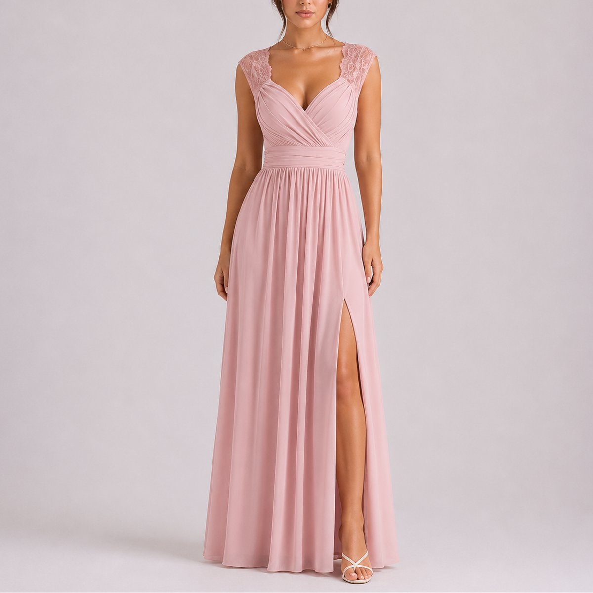 Maxi dress with crossover V-neck and lace shoulders for women