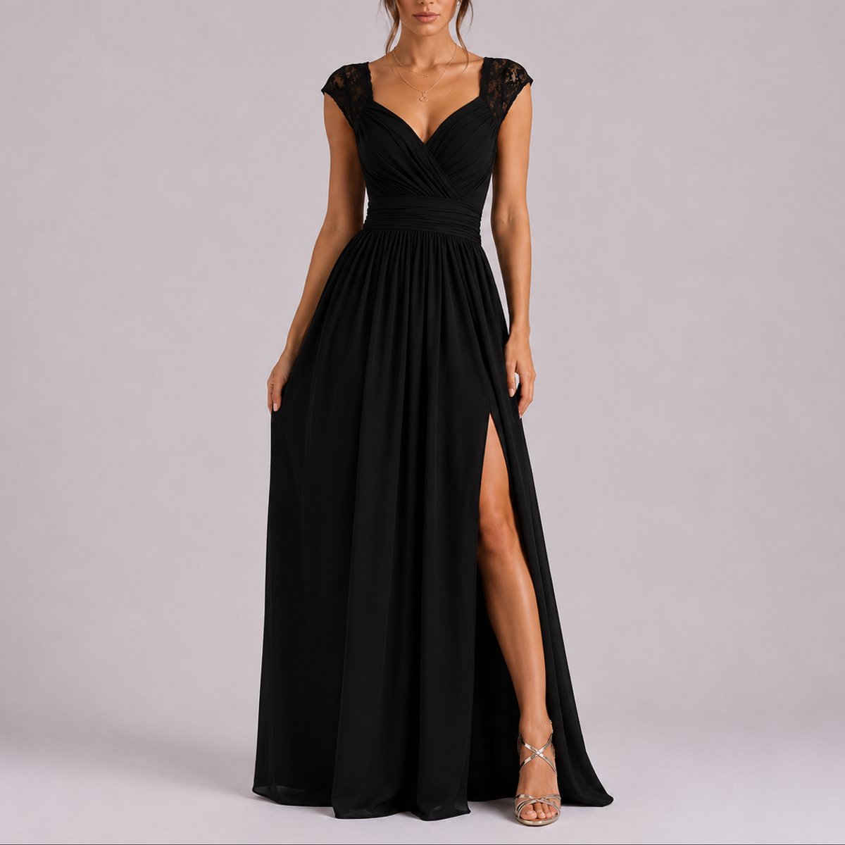 Maxi dress with crossover V-neck and lace shoulders for women