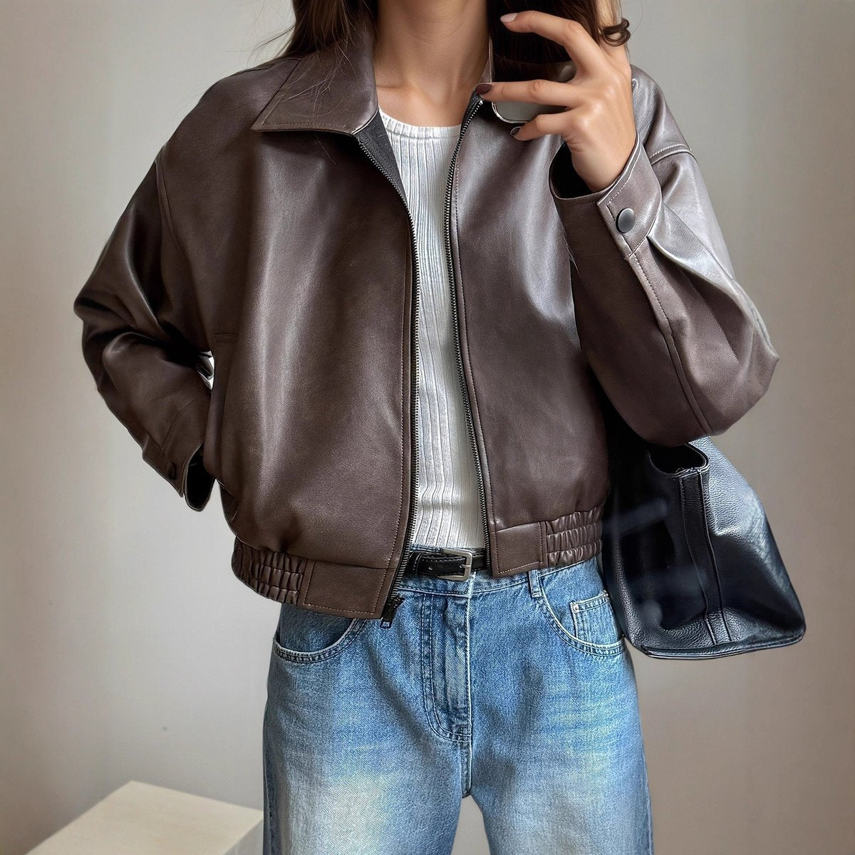 Ursula | Faux Leather Zip-Up Long Sleeve Bomber Jacket