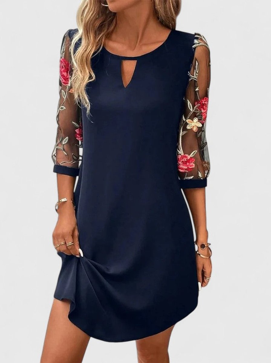 Isabella | Women's Floral Embroidered Mesh-Sleeve Keyhole Mini Dress