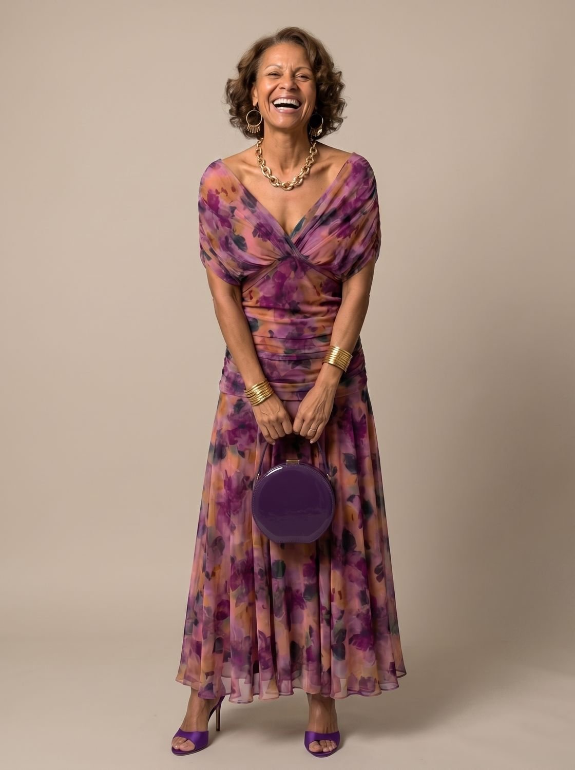 Layla | Women's Flowy Midi Dress Off-Shoulder Draped Floral Chiffon