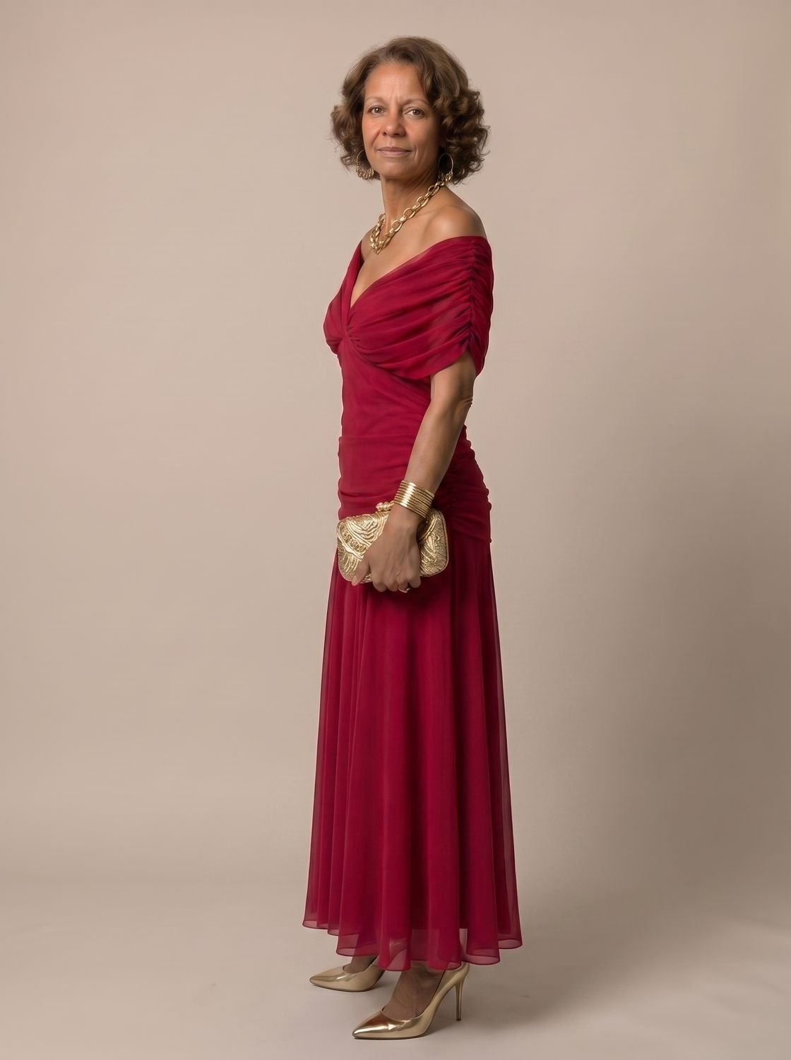 Layla | Women's Flowy Midi Dress Off-Shoulder Draped Floral Chiffon