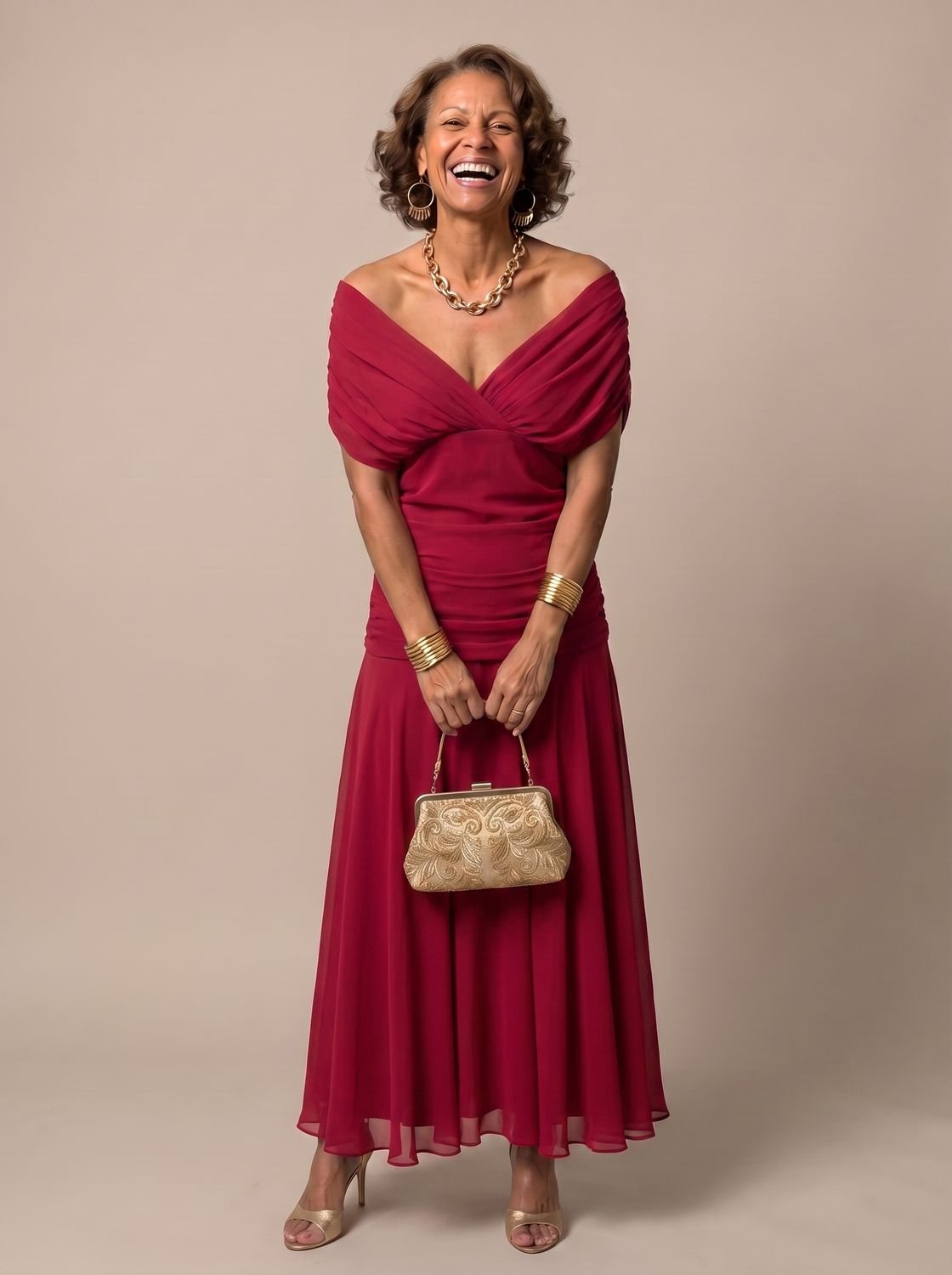 Layla | Women's Flowy Midi Dress Off-Shoulder Draped Floral Chiffon
