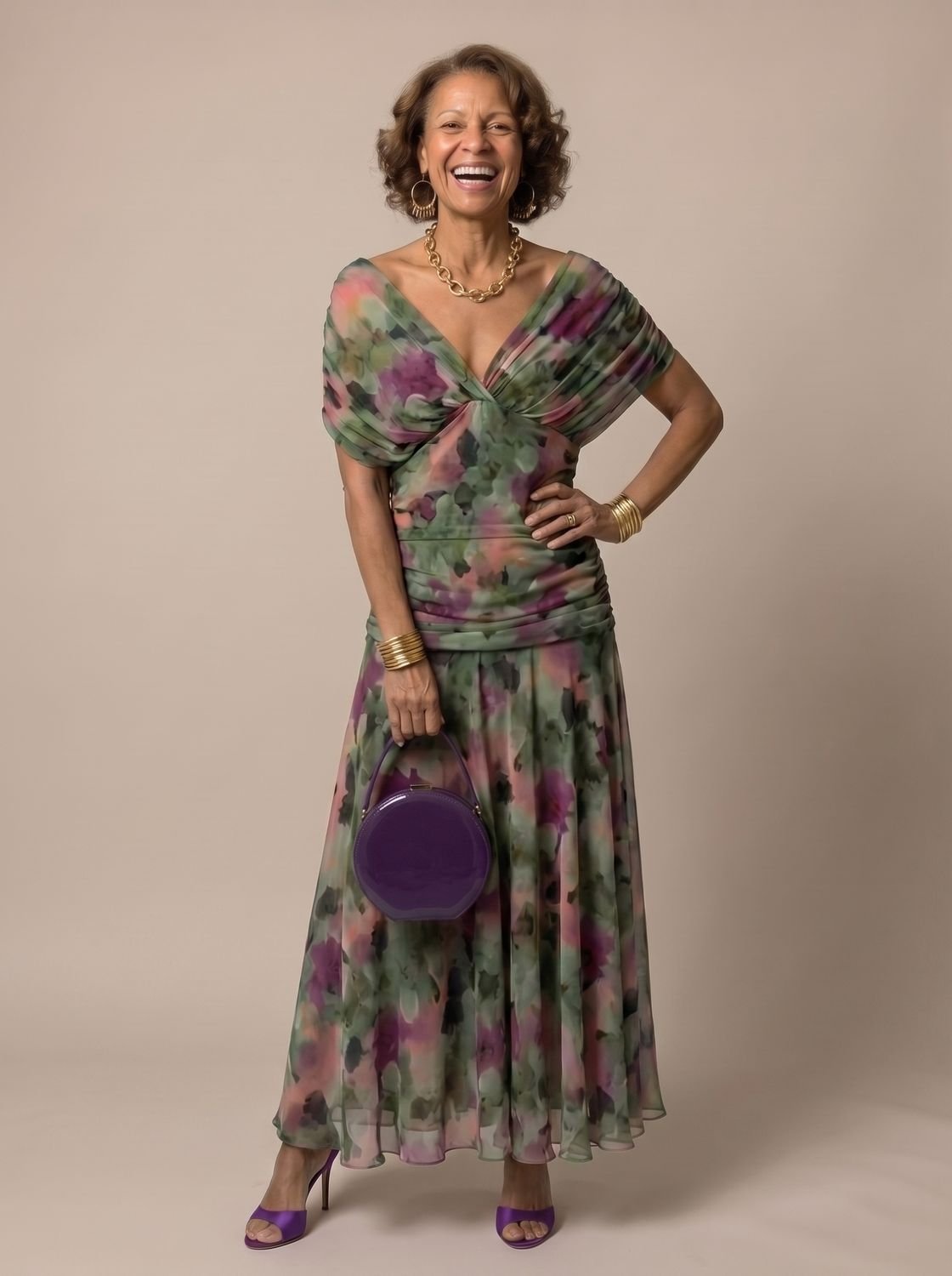 Layla | Women's Flowy Midi Dress Off-Shoulder Draped Floral Chiffon