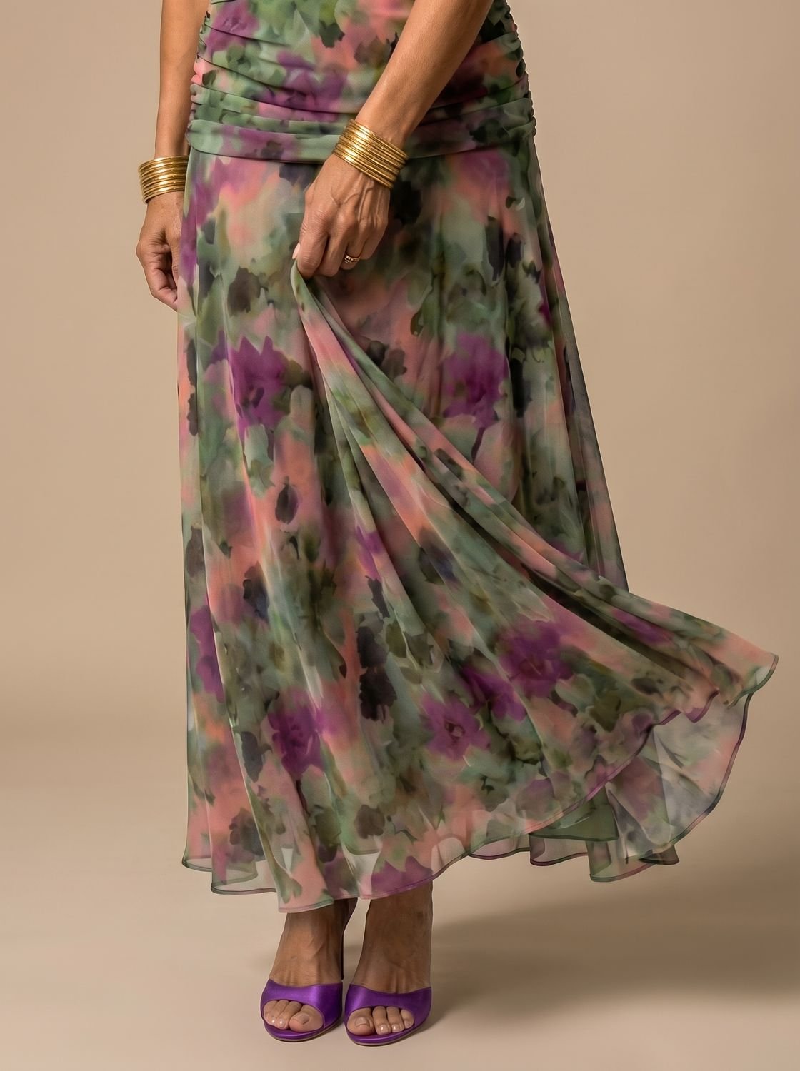 Layla | Women's Flowy Midi Dress Off-Shoulder Draped Floral Chiffon