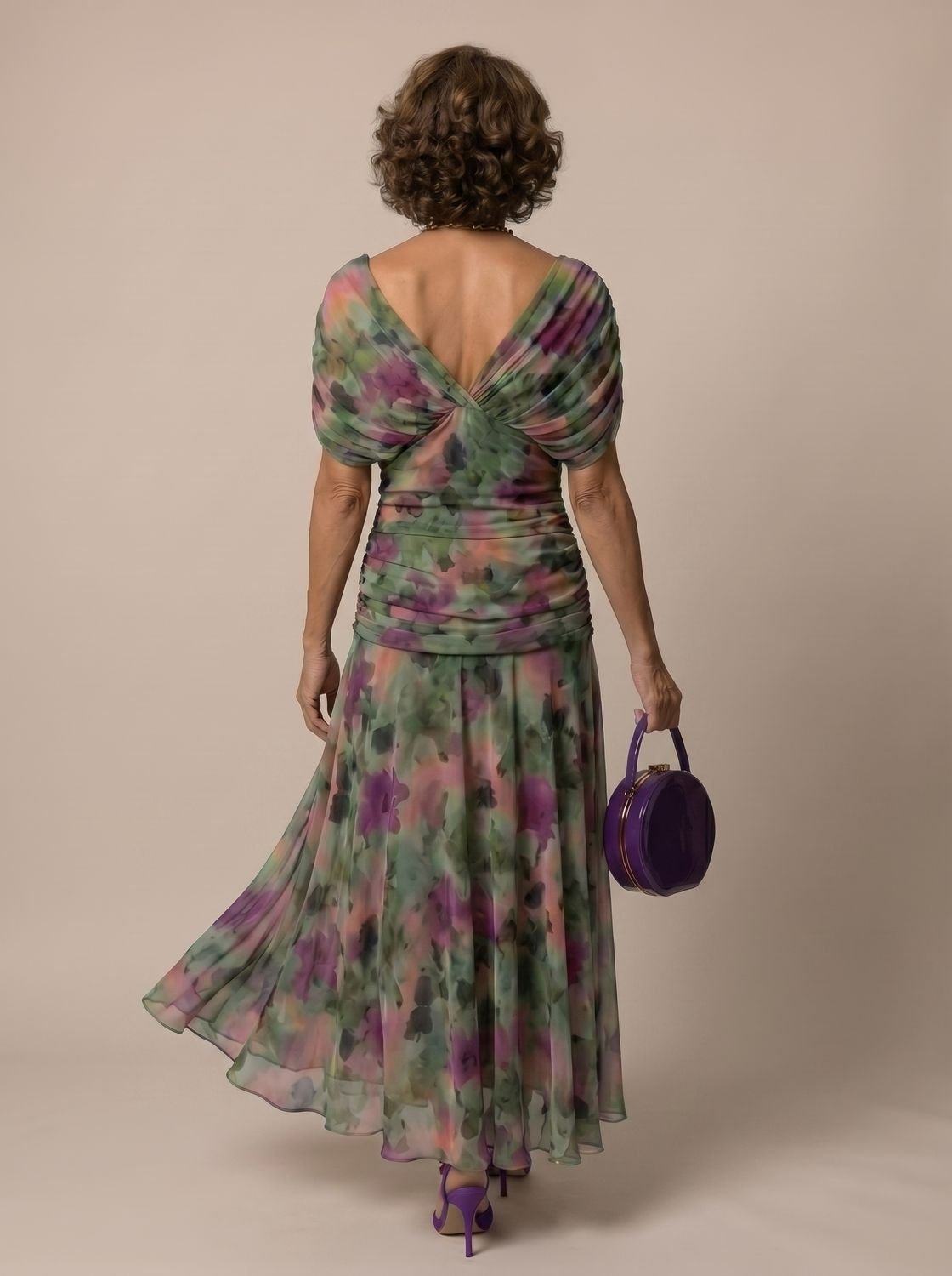 Layla | Women's Flowy Midi Dress Off-Shoulder Draped Floral Chiffon