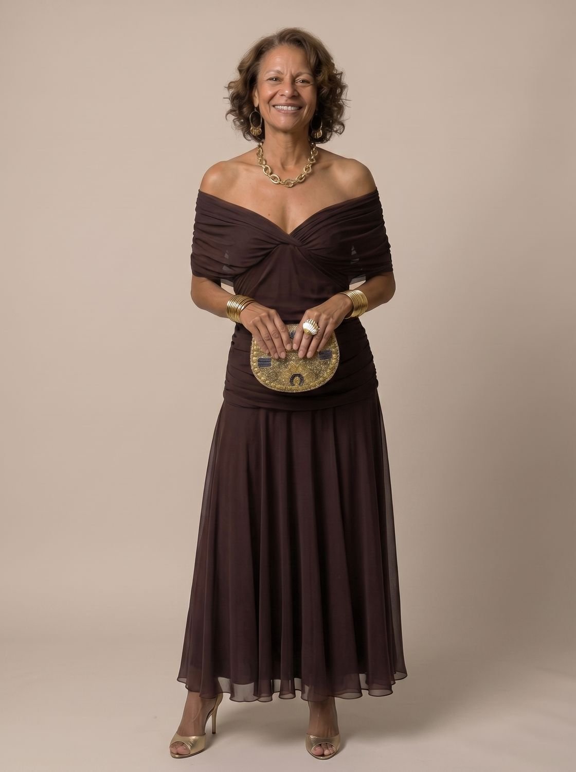 Layla | Women's Flowy Midi Dress Off-Shoulder Draped Floral Chiffon