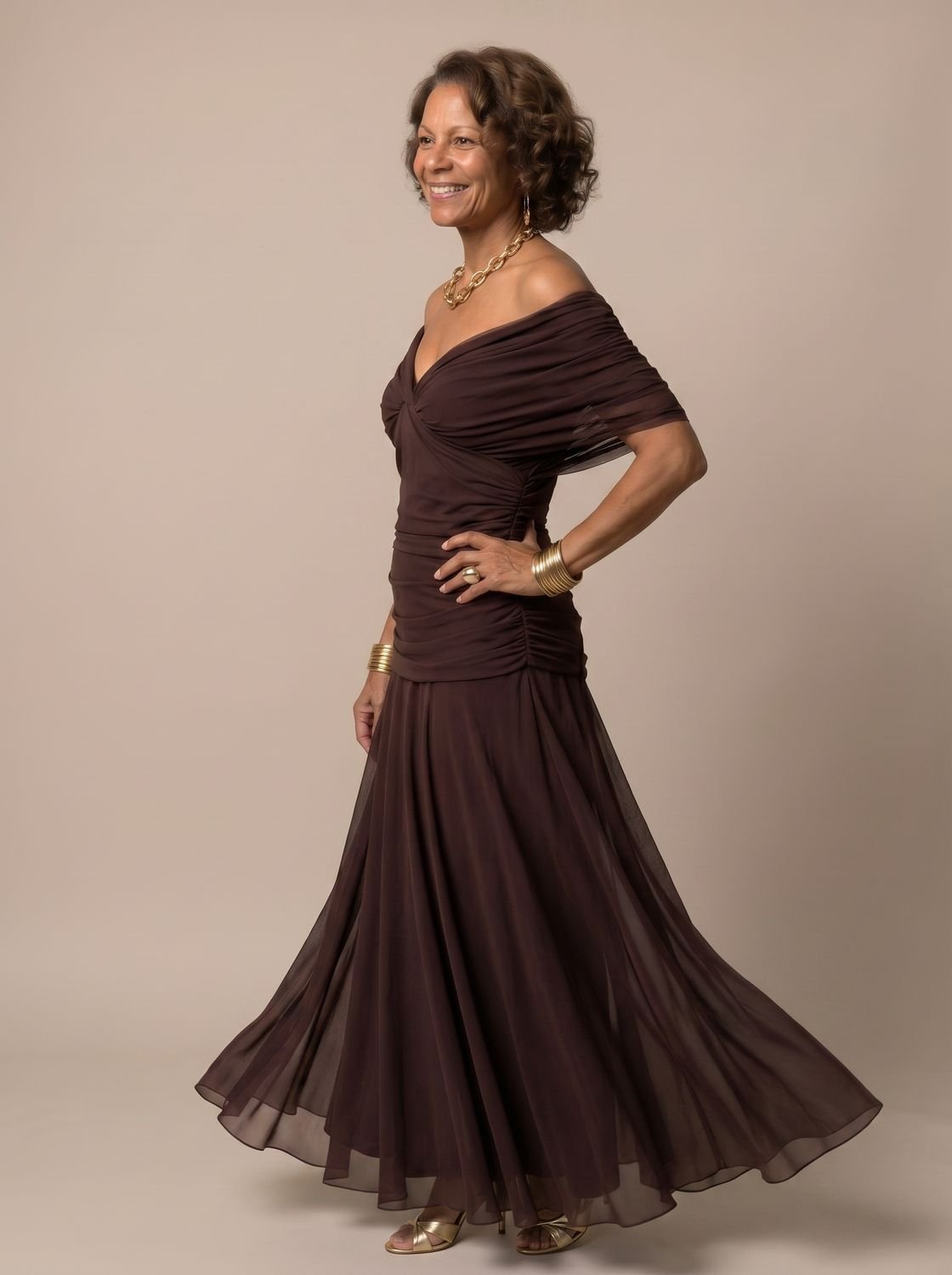Layla | Women's Flowy Midi Dress Off-Shoulder Draped Floral Chiffon