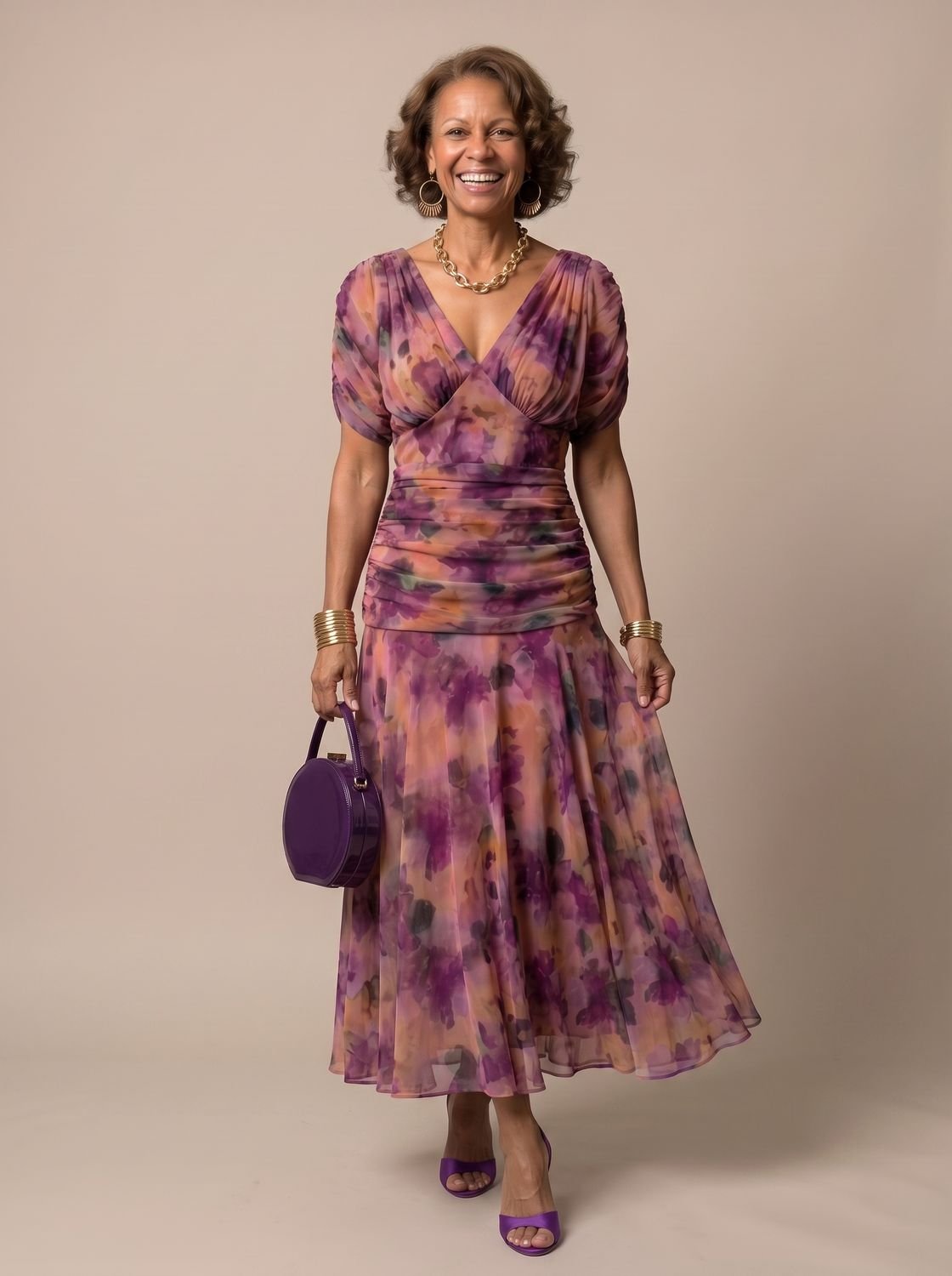 Layla | Women's Flowy Midi Dress Off-Shoulder Draped Floral Chiffon